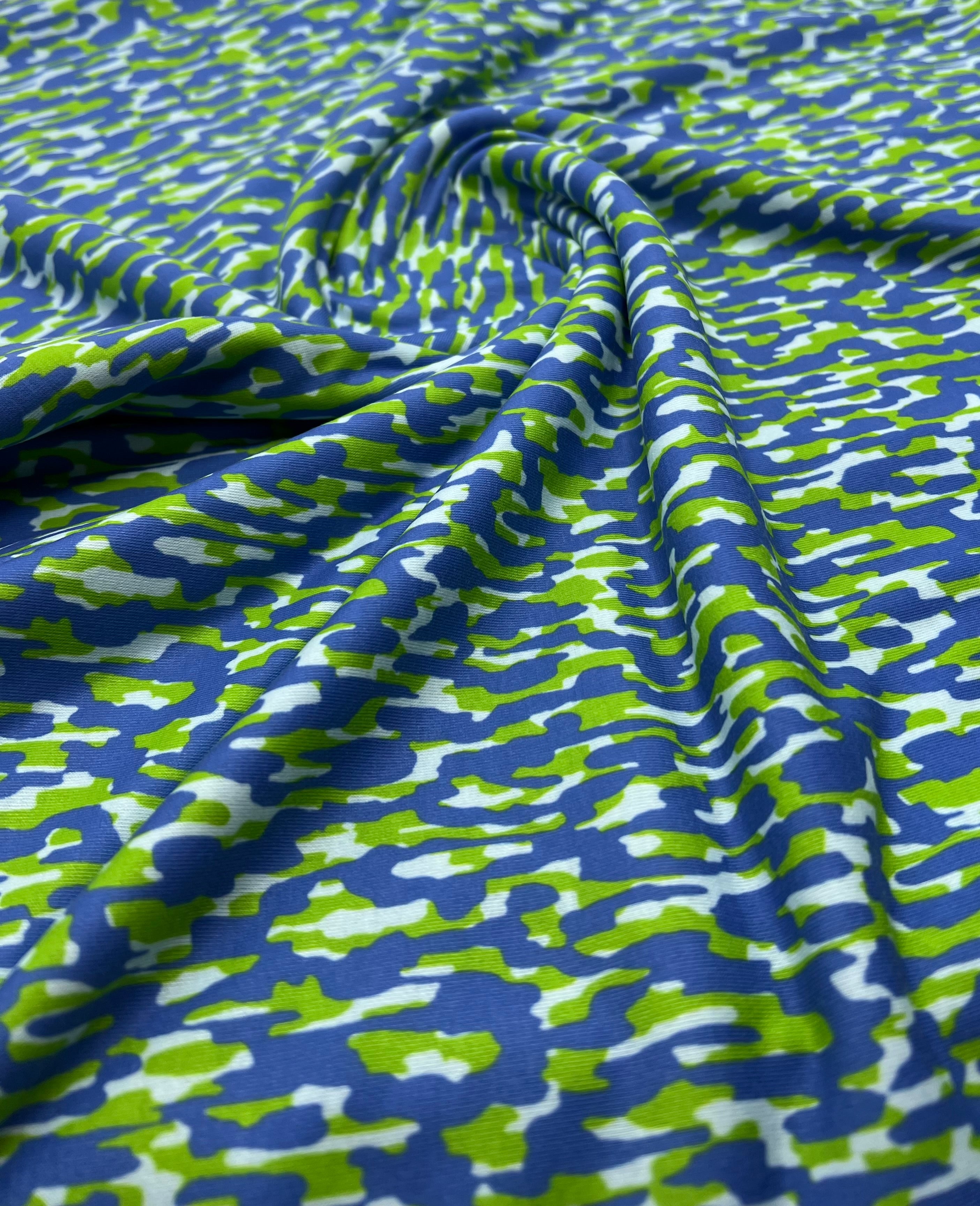 Blue Green Multi Mix Print Spun Poly Stretch Fabric