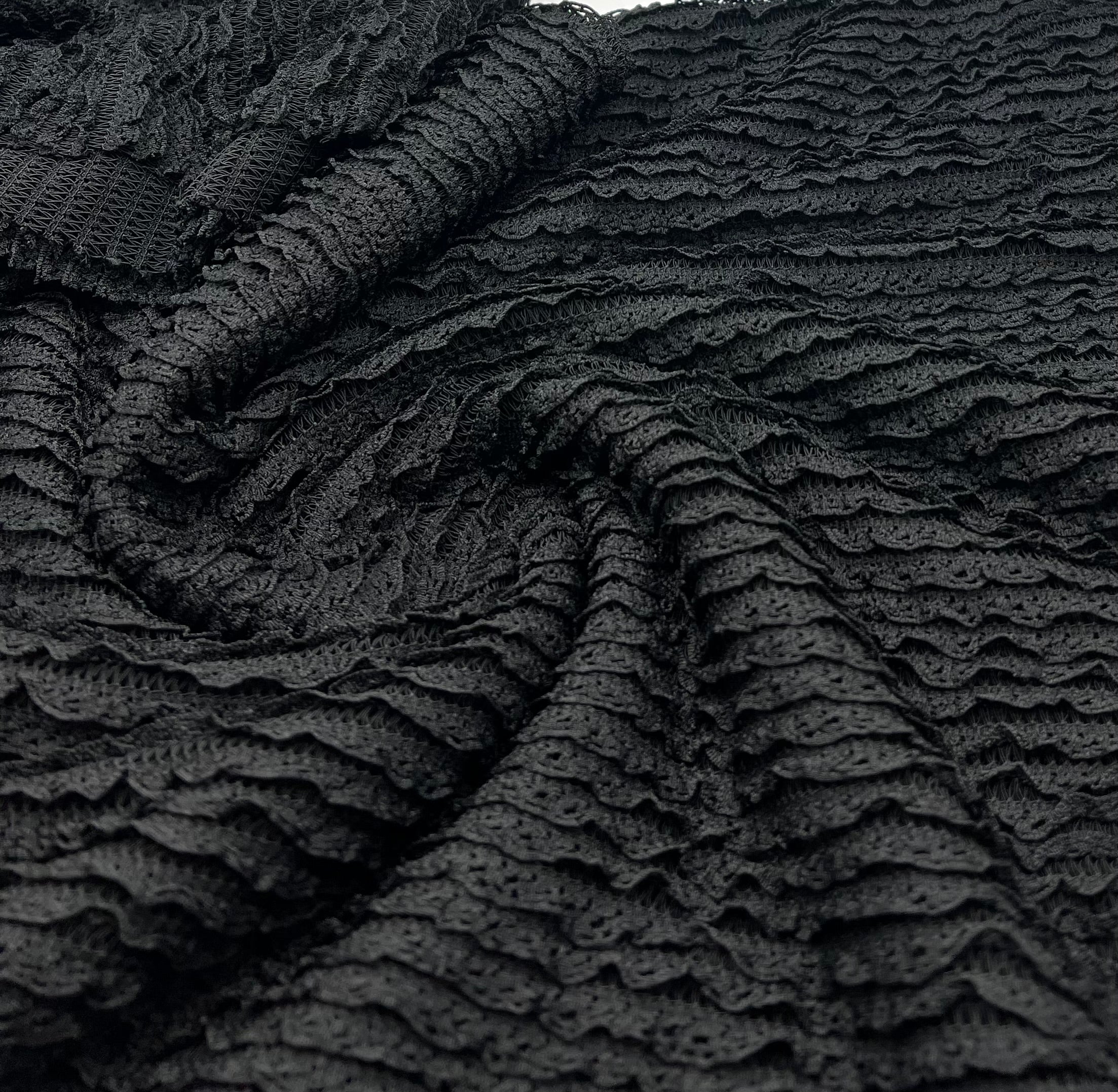 Black Ruffle Crochet Frill Knitted Stretch Fabric 300GSM