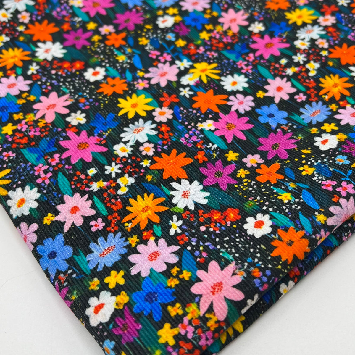 Bright Multi Floral Print Cotton Needlecord Non Stretch Fabric