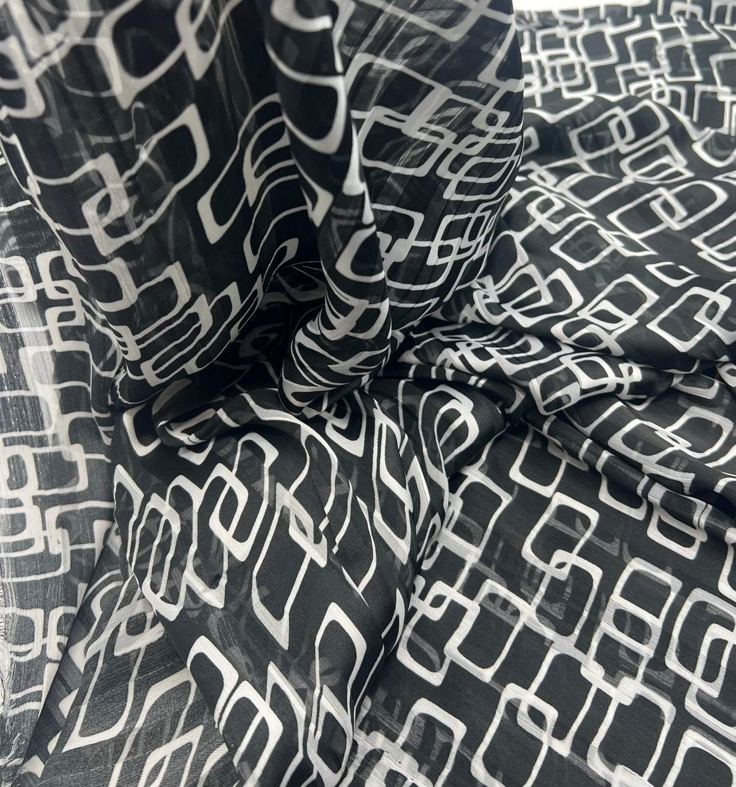 Black White Rectangles Printed Chiffon Dress Fabric