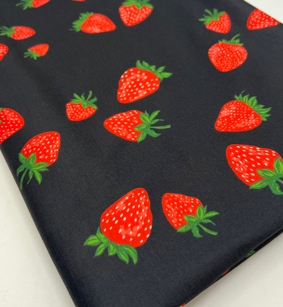 Black Strawberry Print Spun Poly Stretch Fabric
