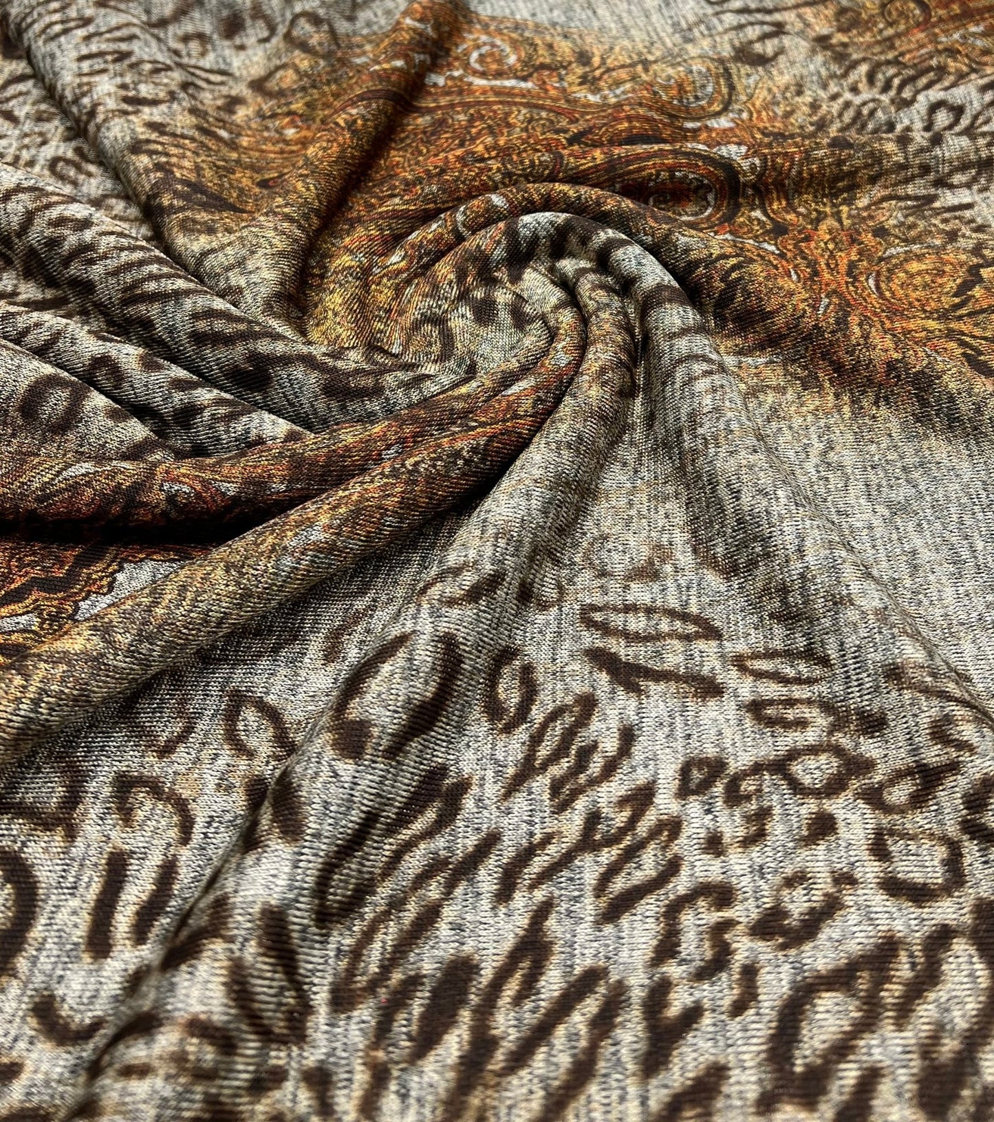Animal Grey Orange Floral Melange Knit Stretch Fabric - T9 Fabrics