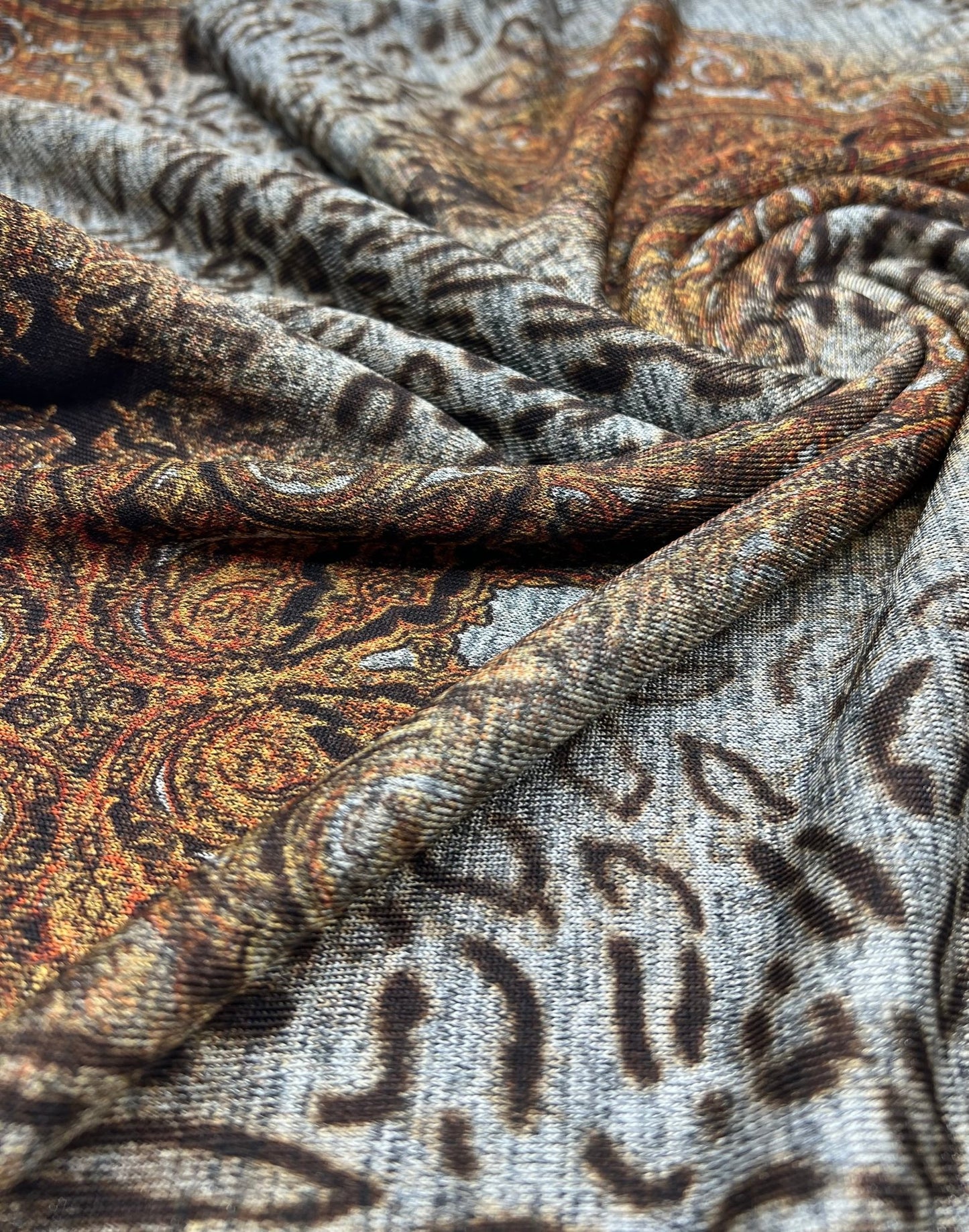 Animal Grey Orange Floral Melange Knit Stretch Fabric - T9 Fabrics