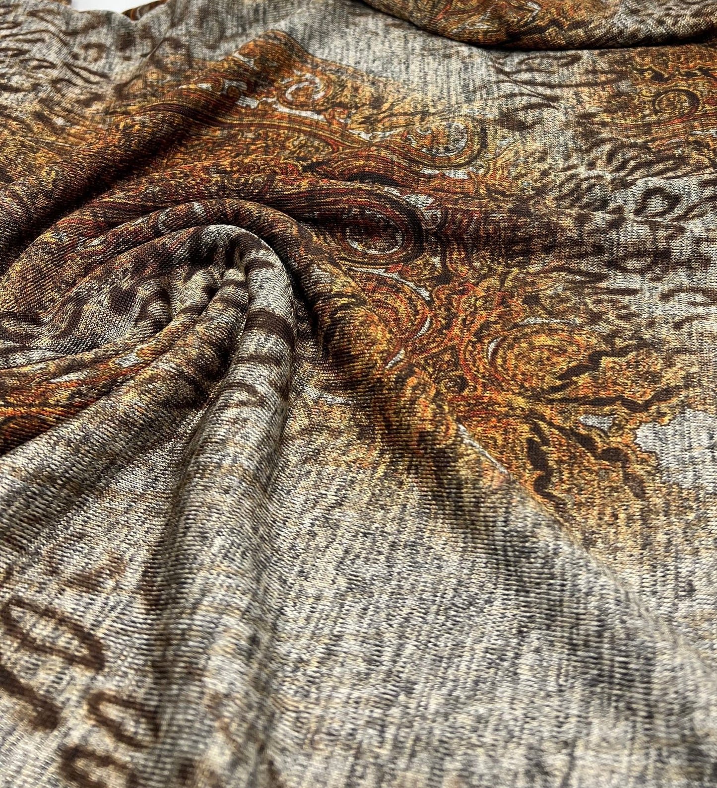 Animal Grey Orange Floral Melange Knit Stretch Fabric - T9 Fabrics