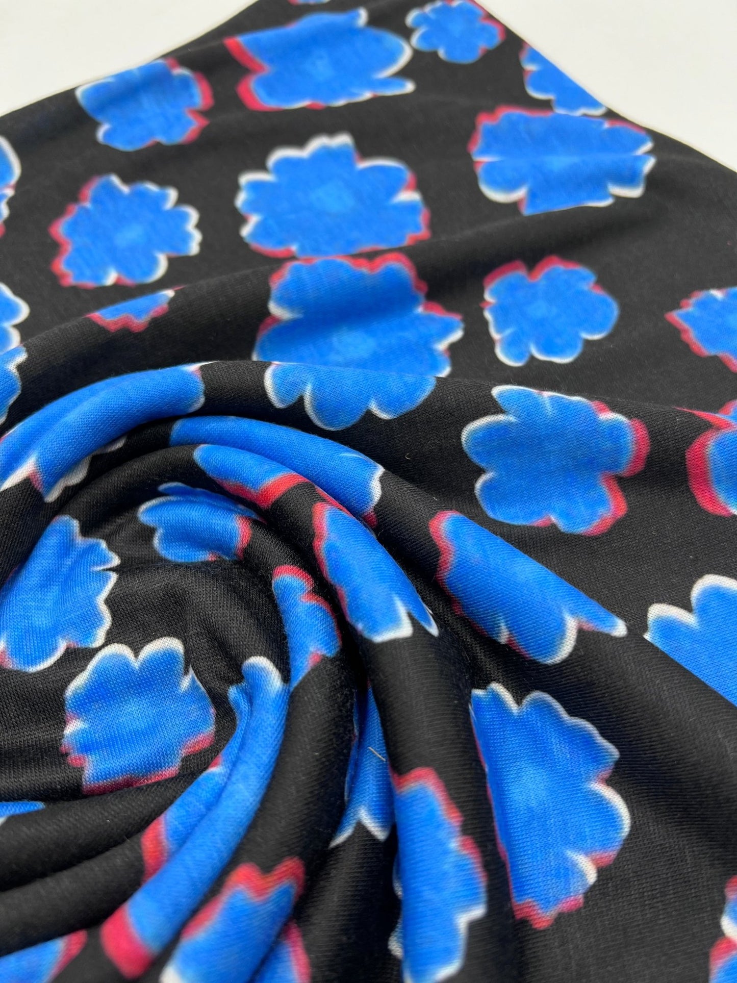 Black Blue Large Floral Print Spun Poly Stretch Fabric - T9 Fabrics