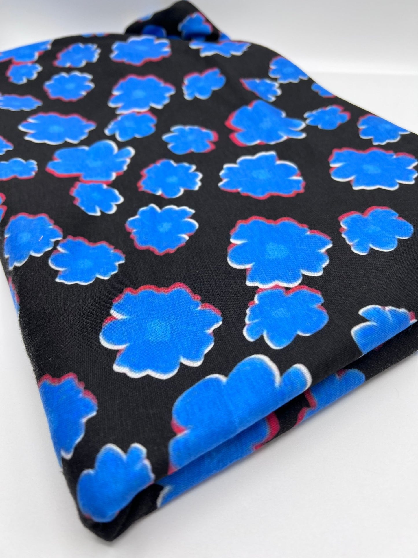 Black Blue Large Floral Print Spun Poly Stretch Fabric - T9 Fabrics