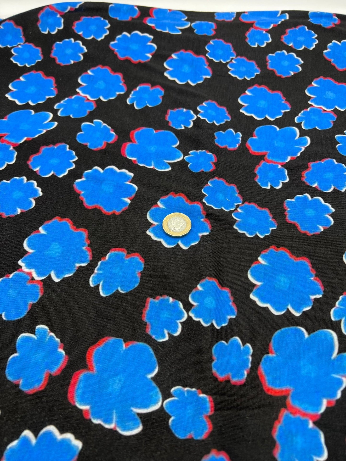Black Blue Large Floral Print Spun Poly Stretch Fabric - T9 Fabrics