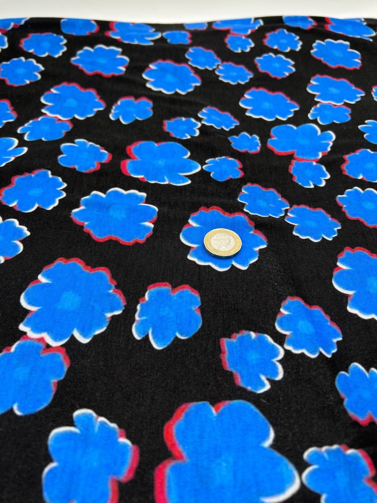 Black Blue Large Floral Print Spun Poly Stretch Fabric - T9 Fabrics