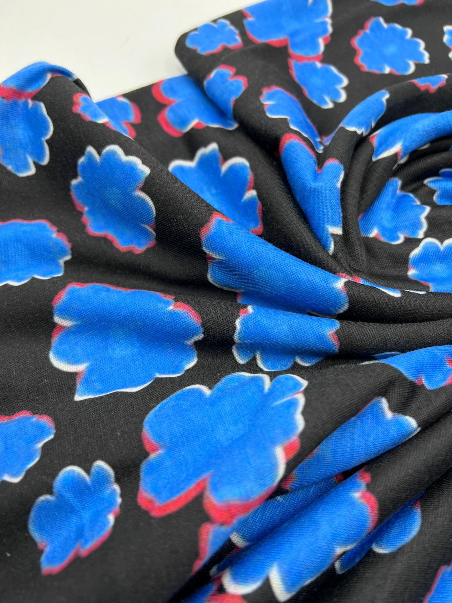 Black Blue Large Floral Print Spun Poly Stretch Fabric - T9 Fabrics