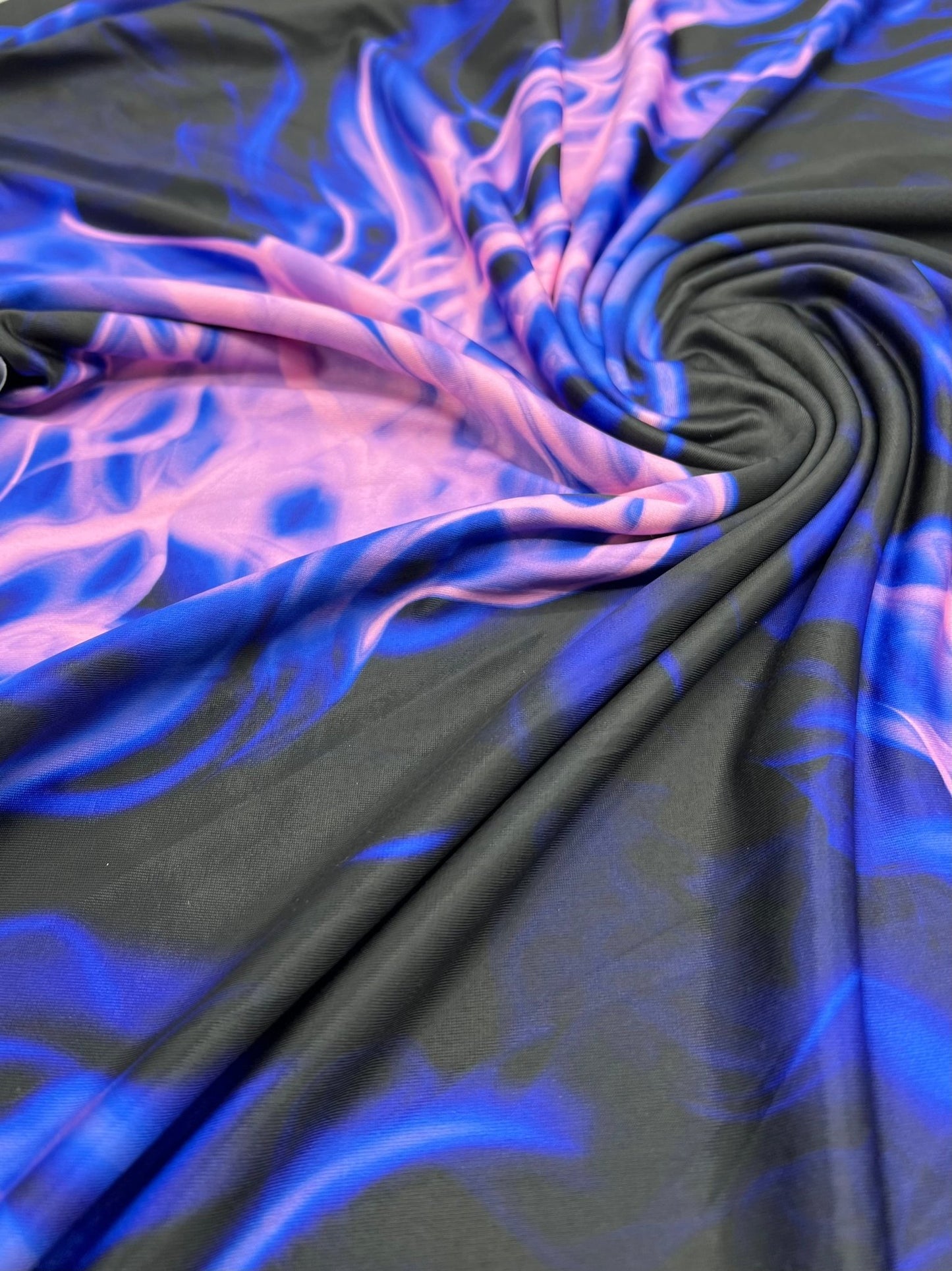 Black Blue Pink Flame Print Soft Touch 4 Way Stretch Fabric - T9 Fabrics