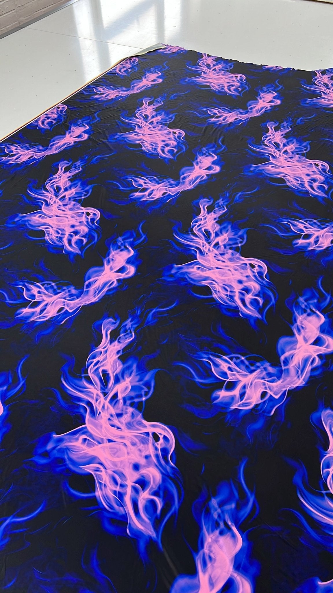 Black Blue Pink Flame Print Soft Touch 4 Way Stretch Fabric - T9 Fabrics