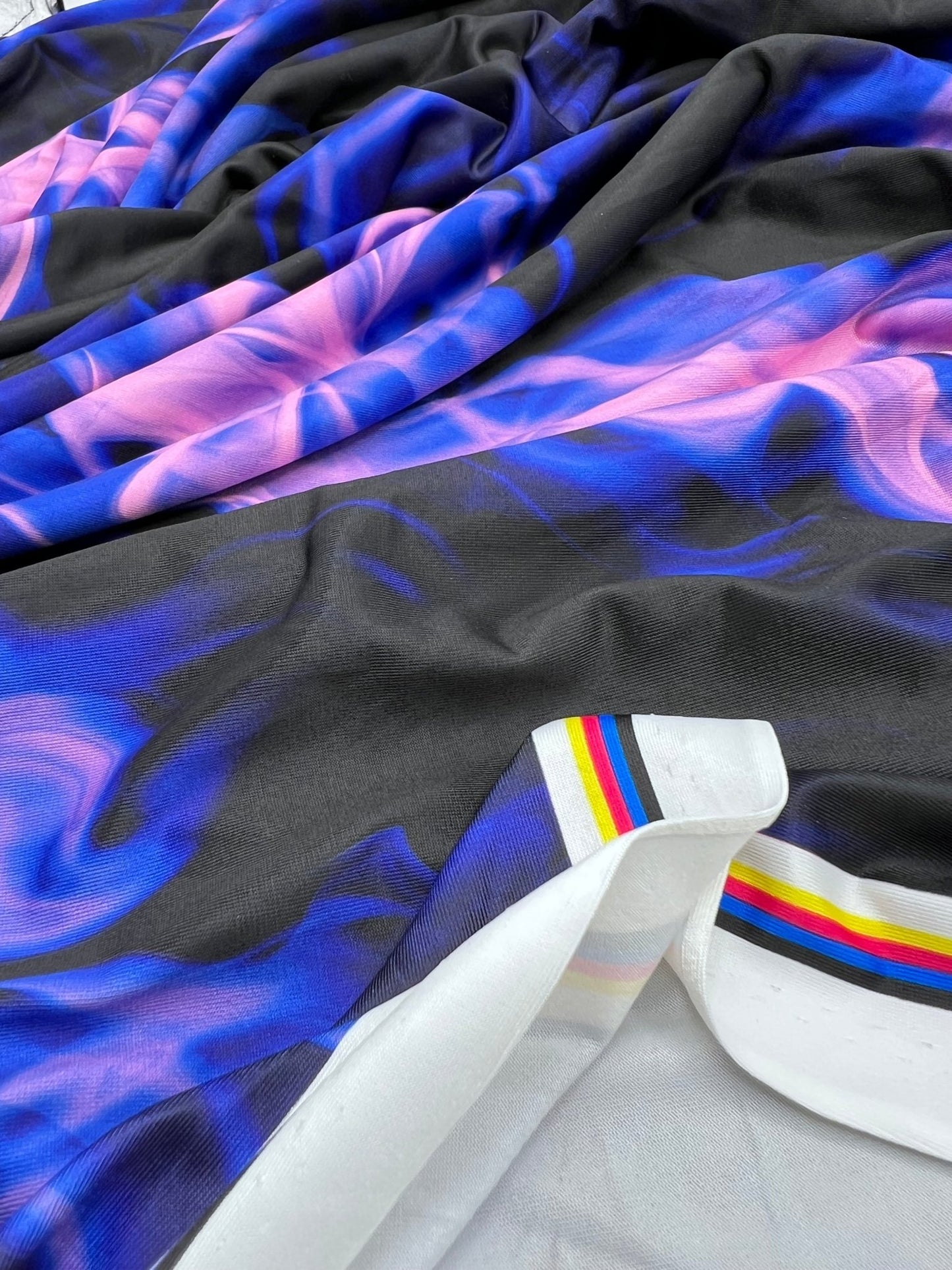 Black Blue Pink Flame Print Soft Touch 4 Way Stretch Fabric - T9 Fabrics