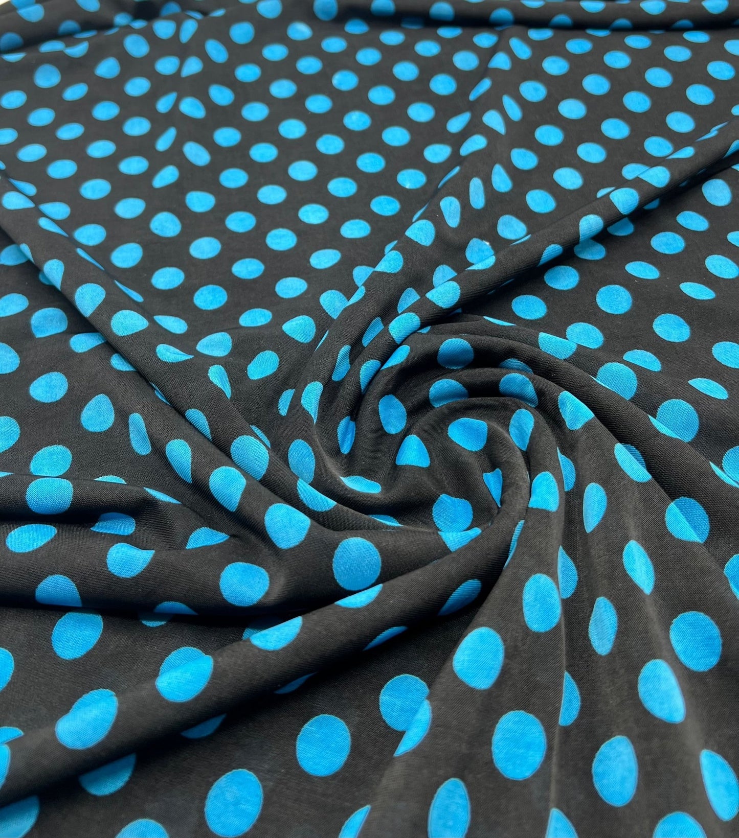 Black Blue Polka Spot Print Soft Touch 4 Way Stretch Fabric - T9 Fabrics