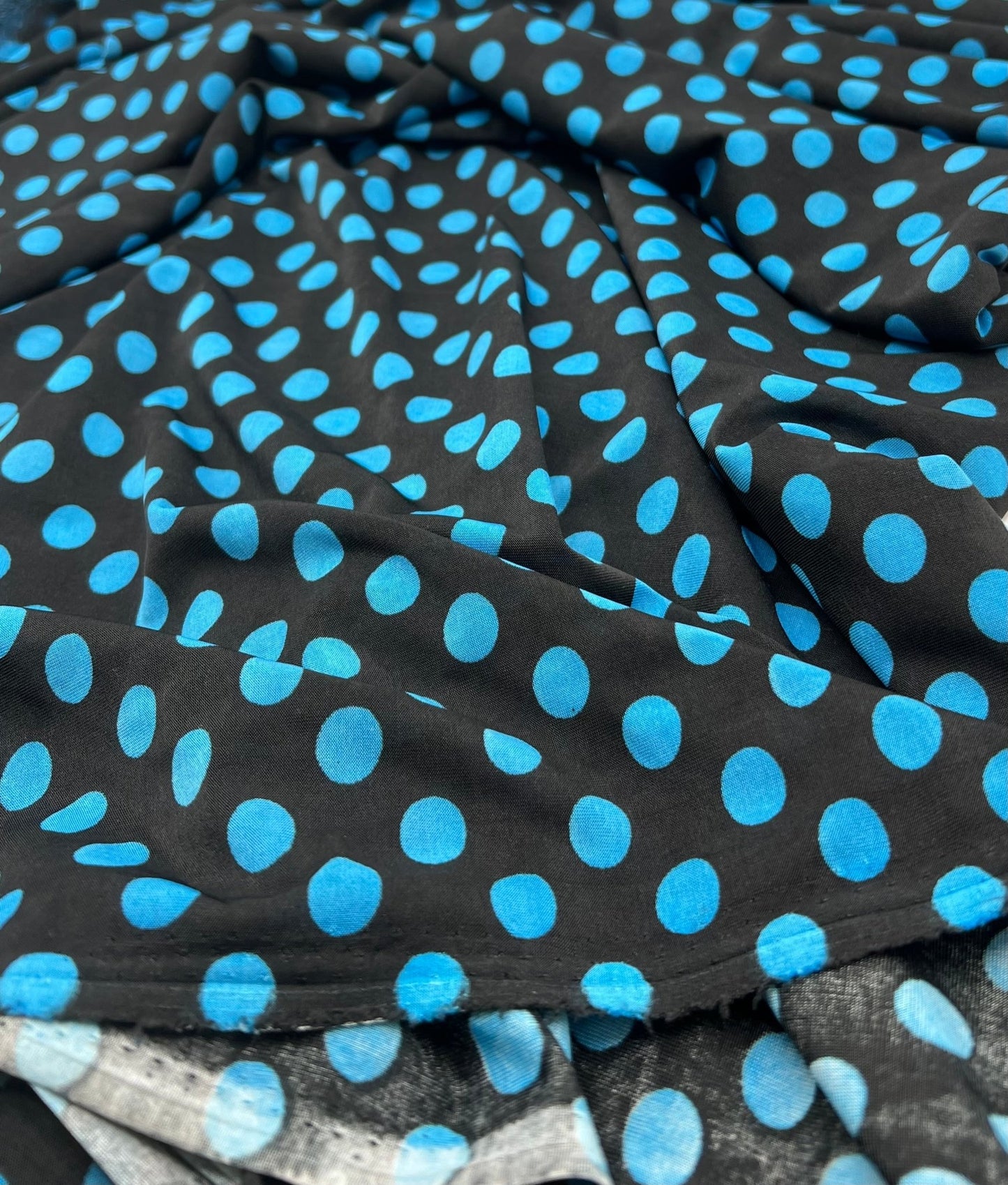 Black Blue Polka Spot Print Soft Touch 4 Way Stretch Fabric - T9 Fabrics