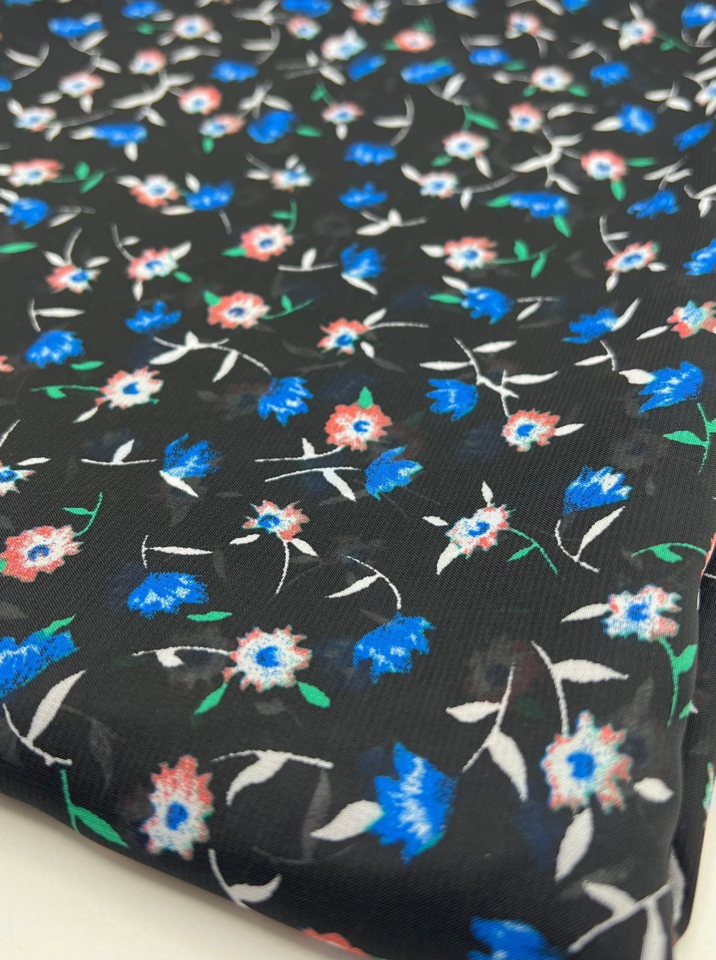 Black Blue Red Ditsy Floral Printed Chiffon Dress Fabric - T9 Fabrics