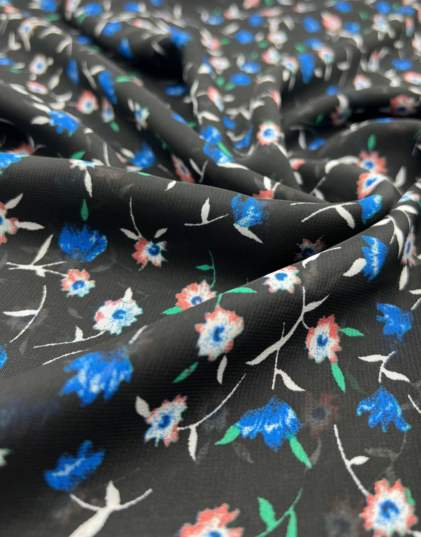 Black Blue Red Ditsy Floral Printed Chiffon Dress Fabric - T9 Fabrics