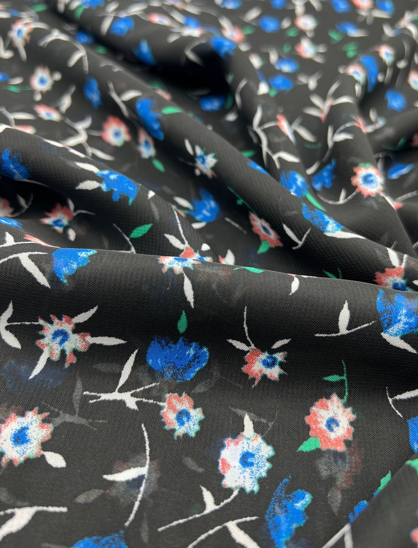 Black Blue Red Ditsy Floral Printed Chiffon Dress Fabric - T9 Fabrics