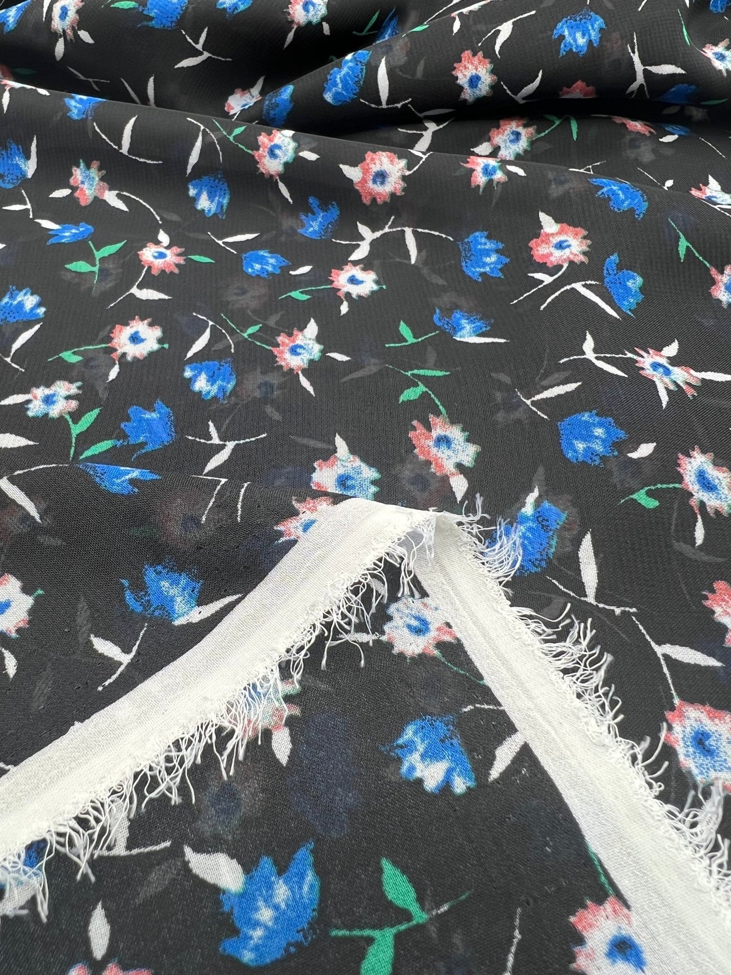 Black Blue Red Ditsy Floral Printed Chiffon Dress Fabric - T9 Fabrics