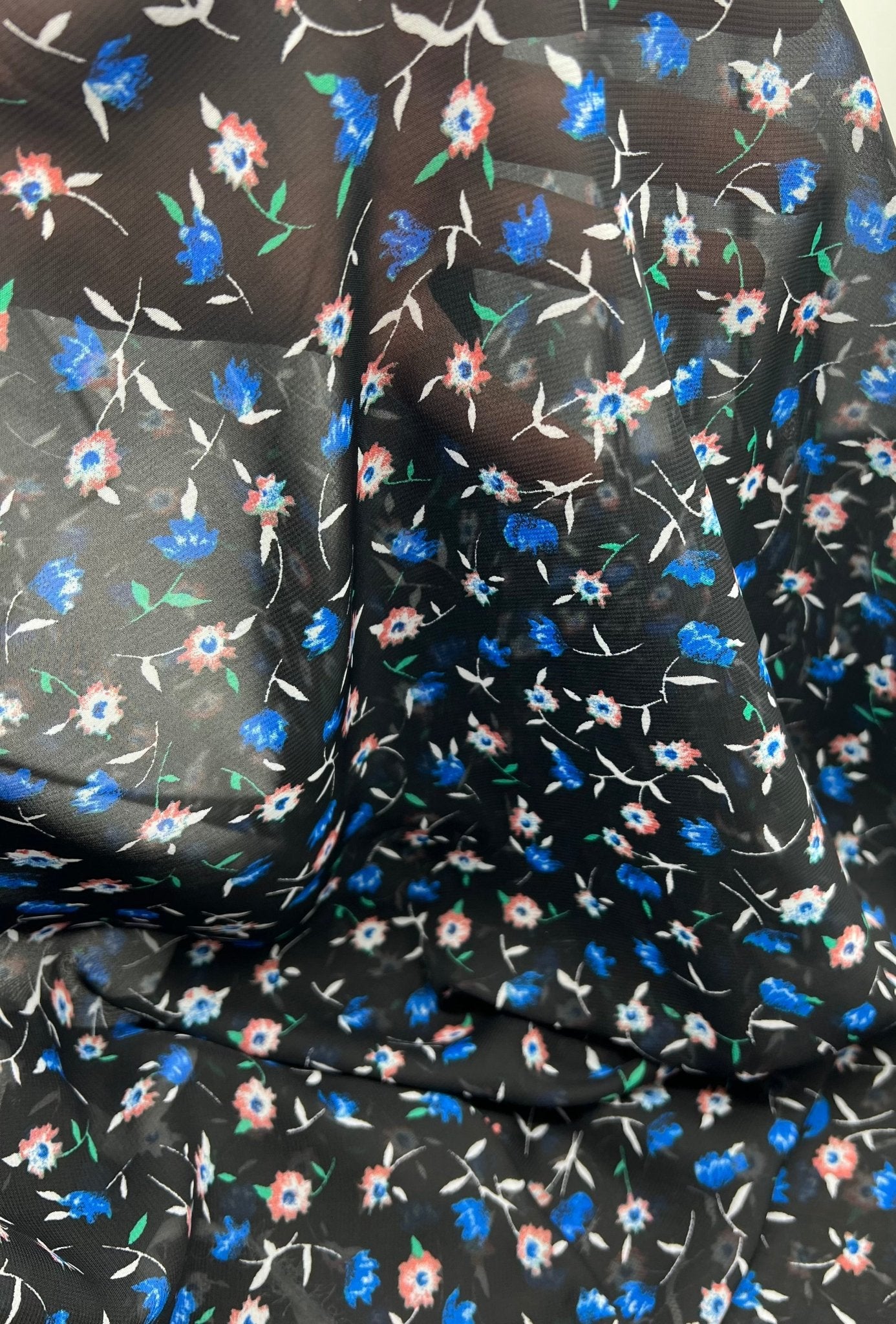 Black Blue Red Ditsy Floral Printed Chiffon Dress Fabric - T9 Fabrics