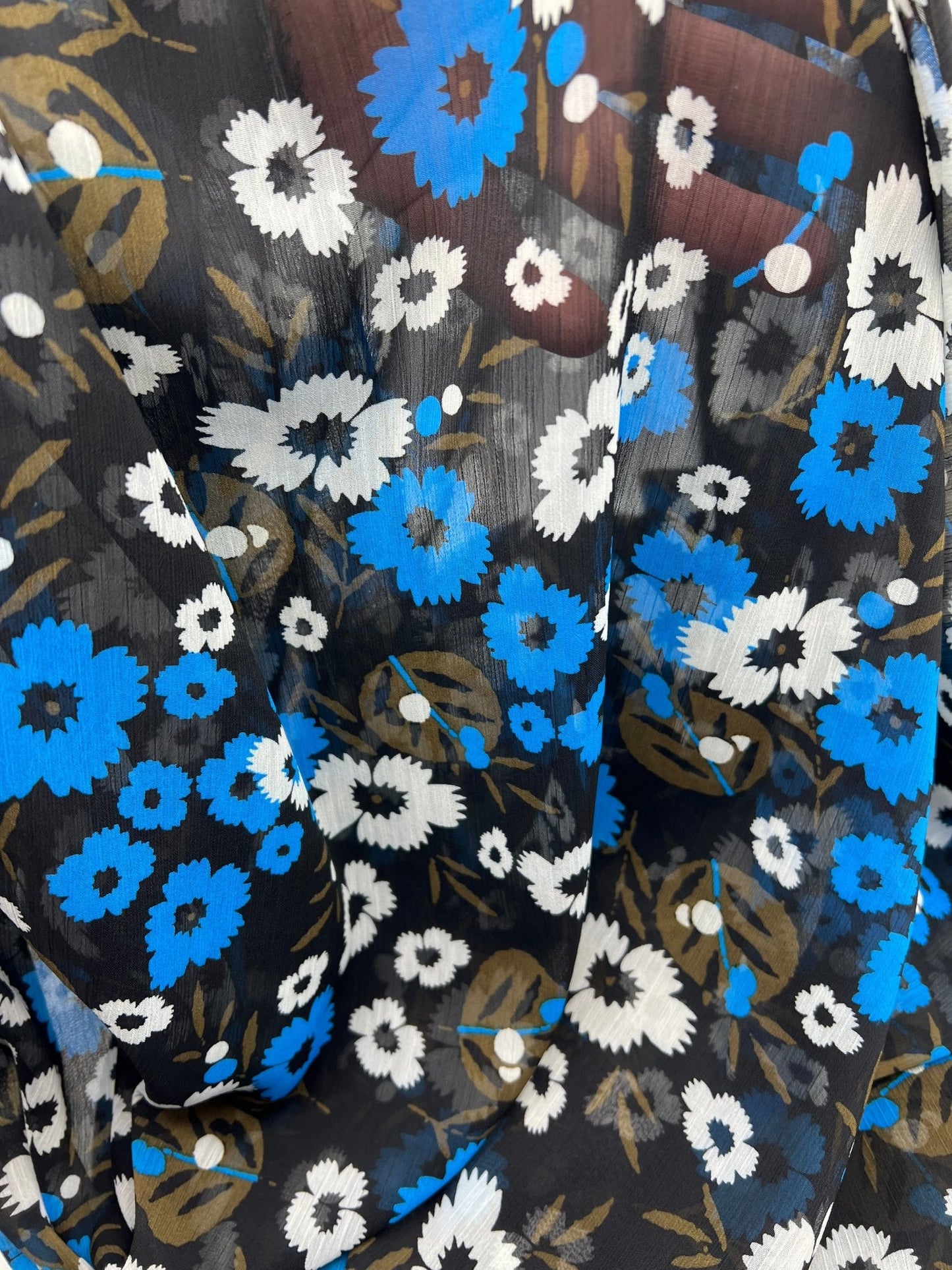 Black Blue White Floral Printed Chiffon Dress Fabric - T9 Fabrics