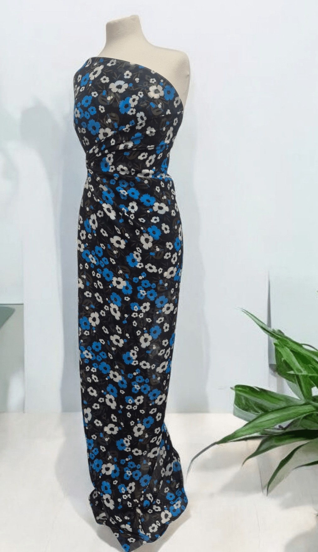 Black Blue White Floral Printed Chiffon Dress Fabric - T9 Fabrics