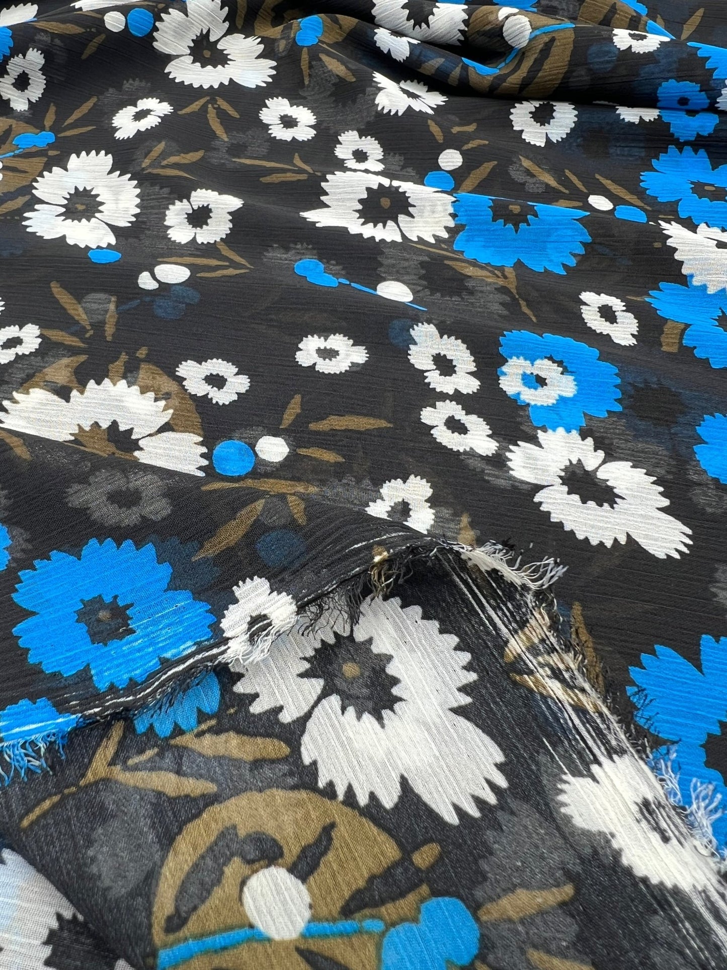 Black Blue White Floral Printed Chiffon Dress Fabric - T9 Fabrics