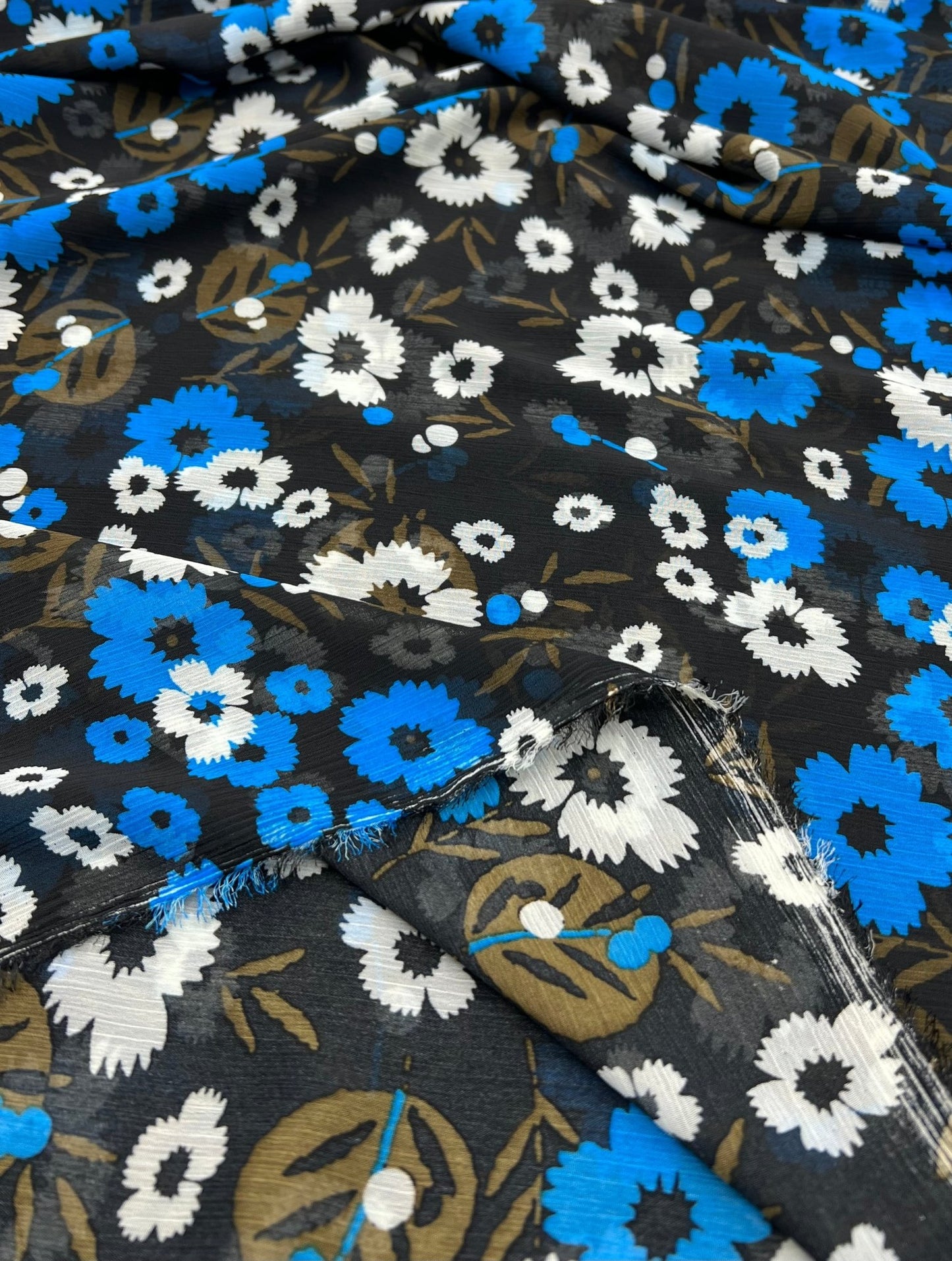 Black Blue White Floral Printed Chiffon Dress Fabric - T9 Fabrics