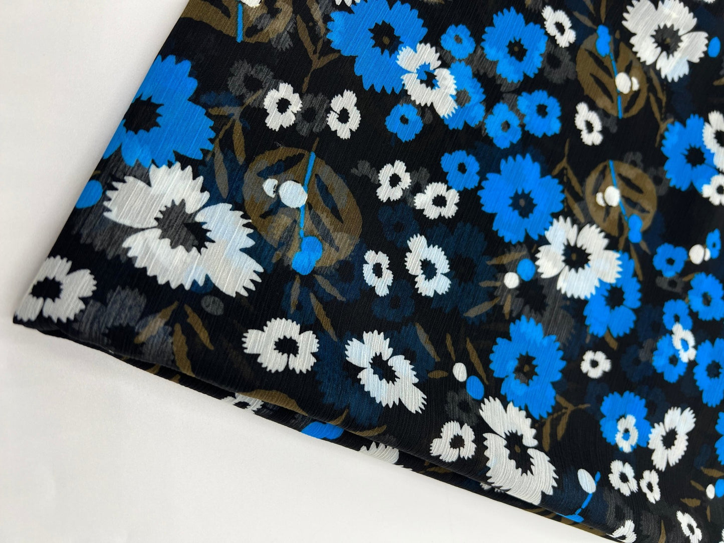Black Blue White Floral Printed Chiffon Dress Fabric - T9 Fabrics