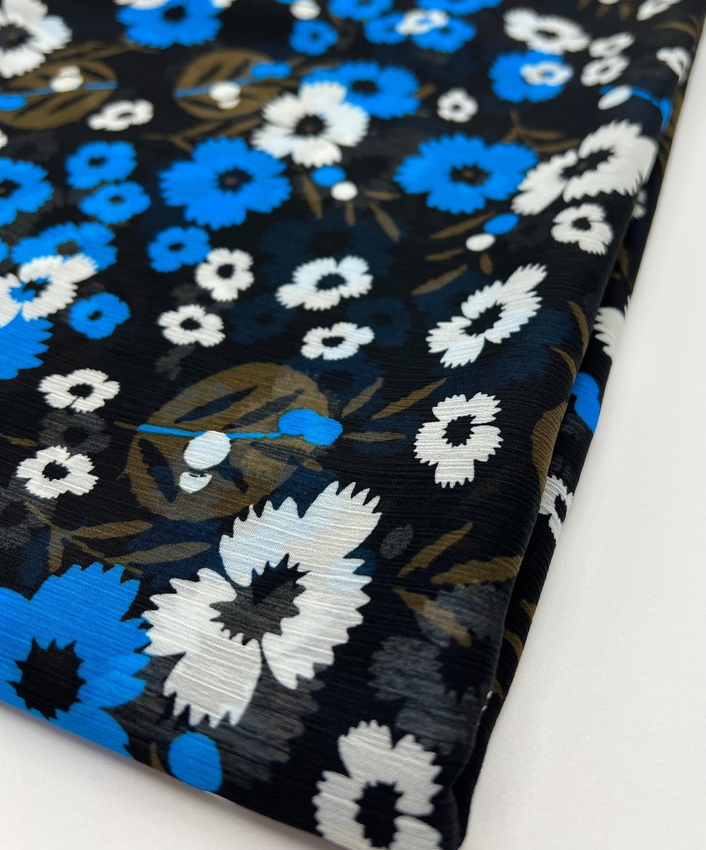 Black Blue White Floral Printed Chiffon Dress Fabric - T9 Fabrics