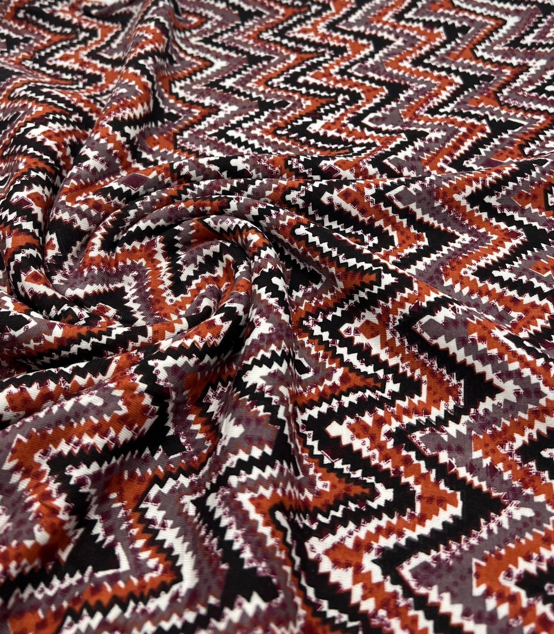 Black Brown Zigzag Viscose Elastane 4 Way Stretch Fabric - T9 Fabrics