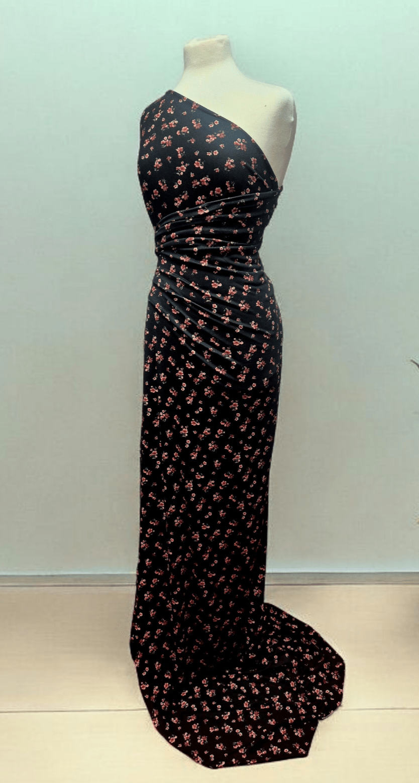 Black Ditsy Floral Rose Print Spun Poly Stretch Fabric - T9 Fabrics