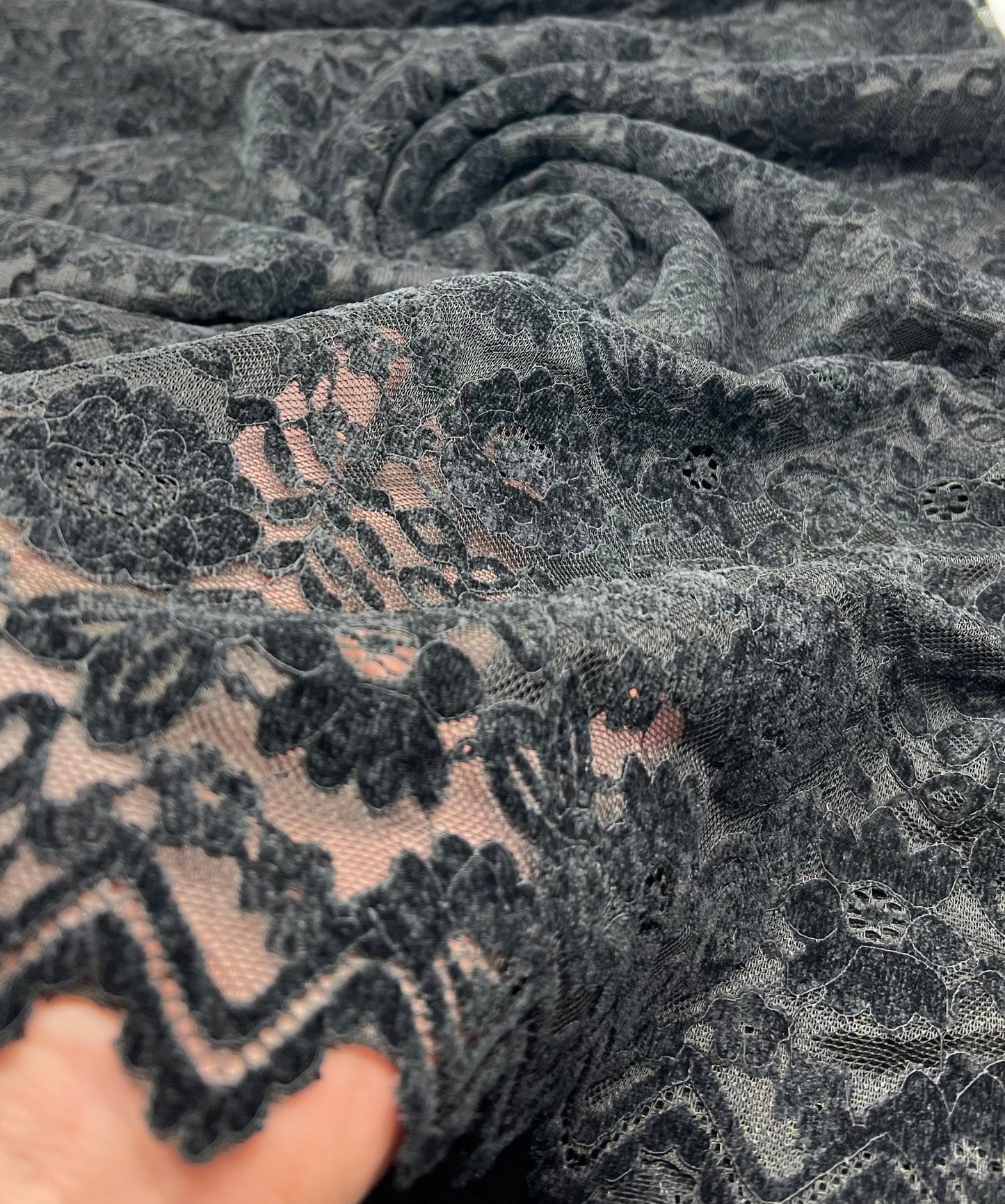 Black Embossed Textured Scalloped Edge Floral Lace Fabric Stretch - T9 Fabrics