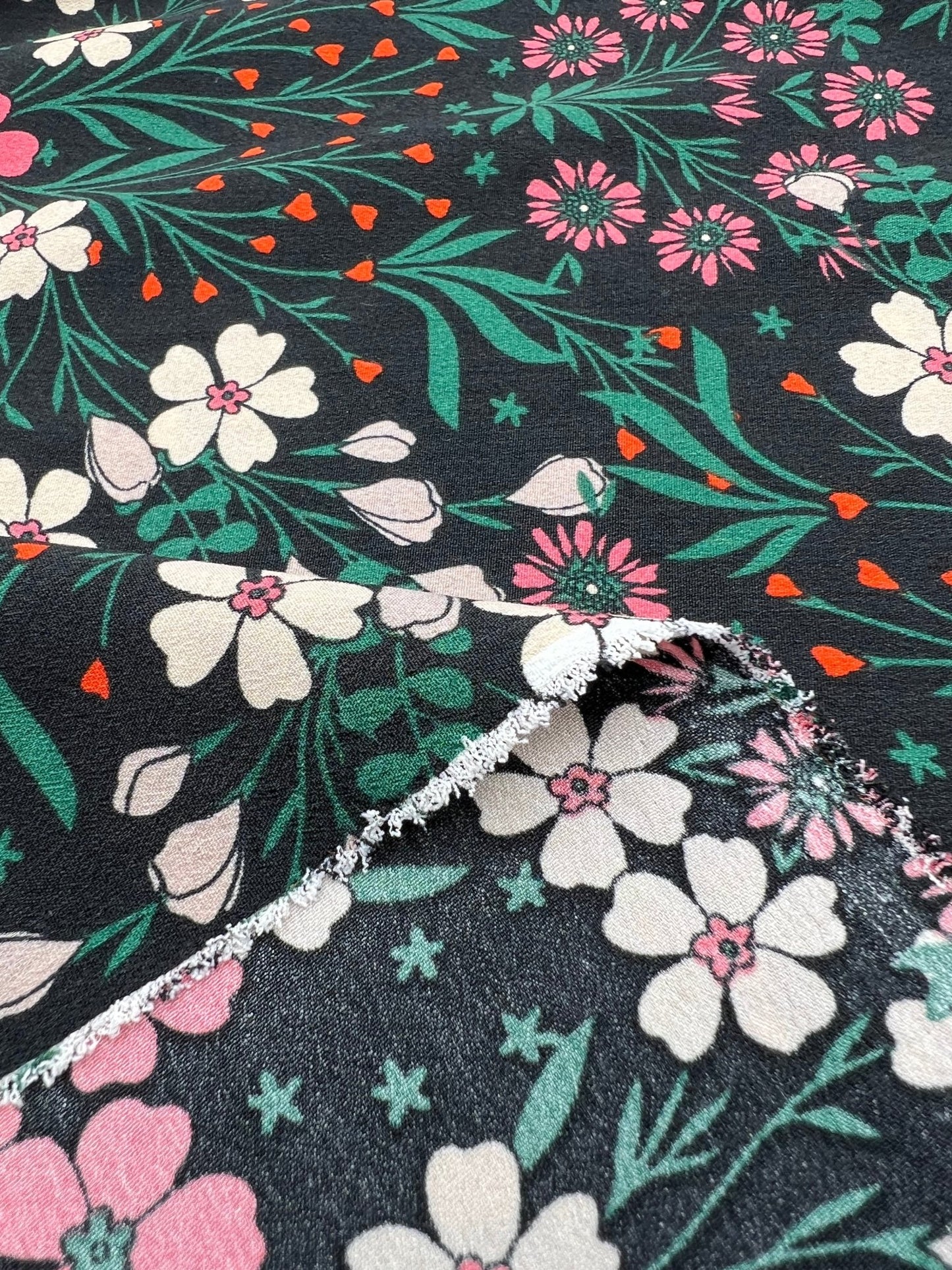 Black Floral Leaves Lightweight Non Stretch Woven Dress Craft Fabric - T9 Fabrics