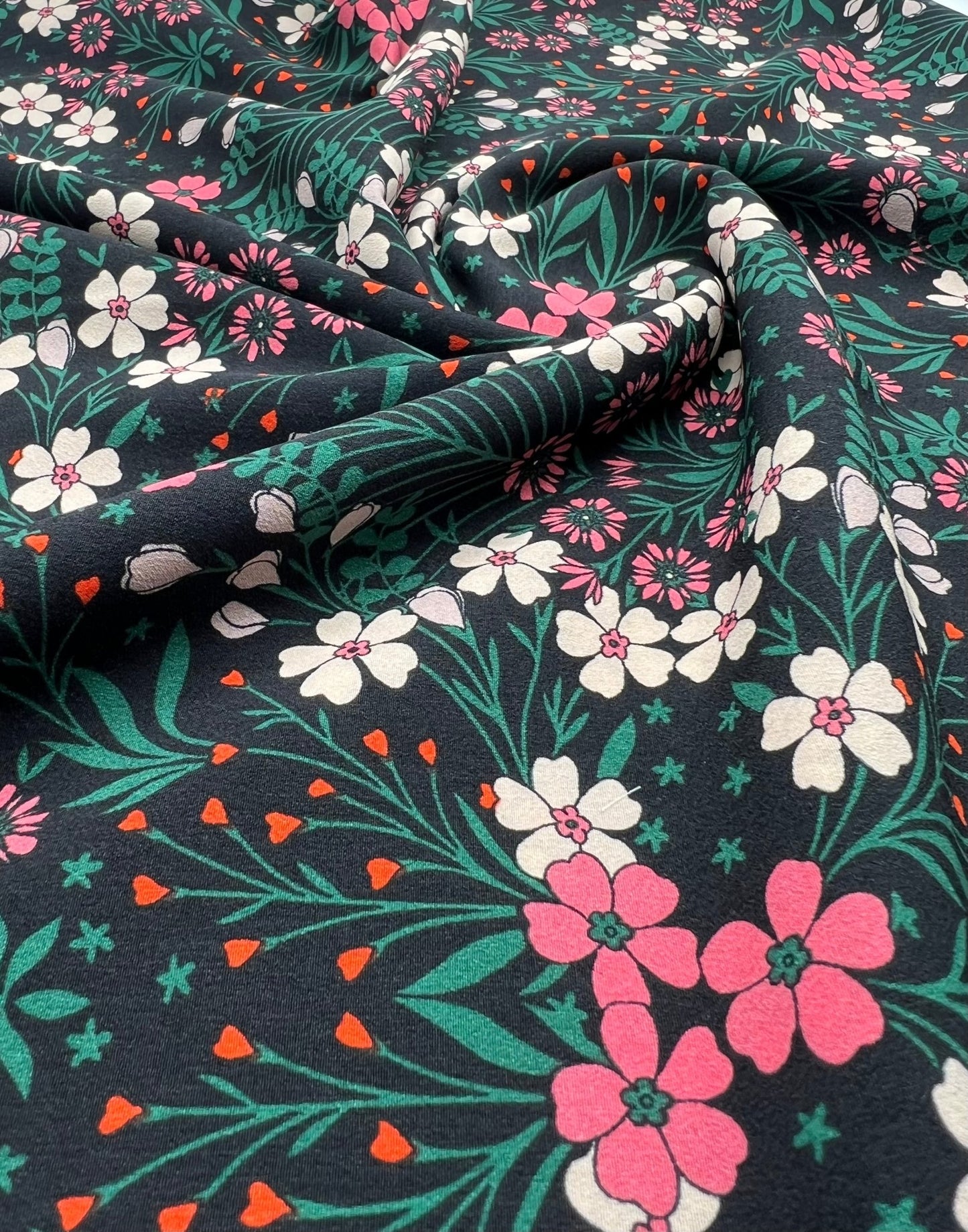 Black Floral Leaves Lightweight Non Stretch Woven Dress Craft Fabric - T9 Fabrics