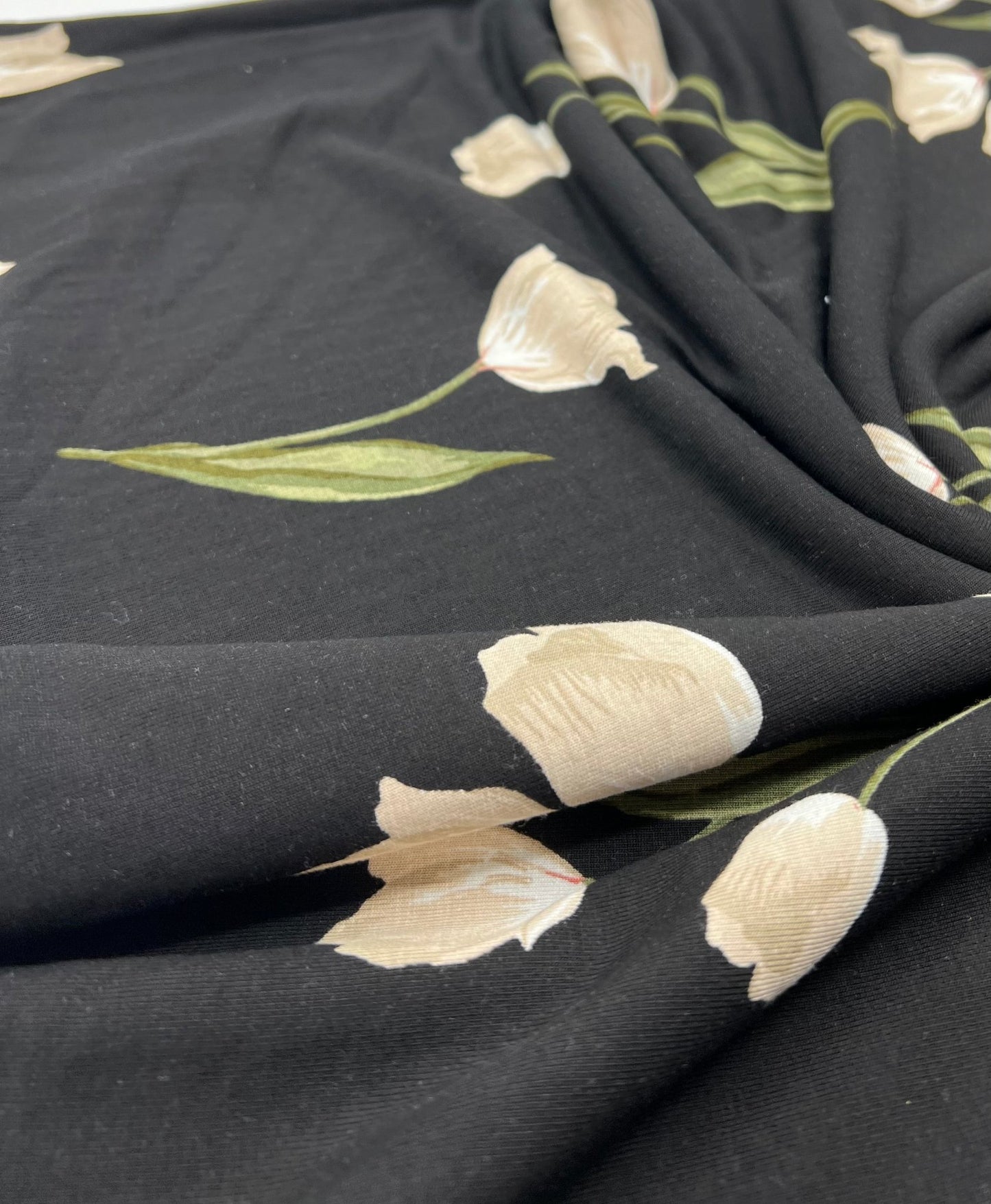 Black Flower Print Heavy Viscose Elastane 4 Way Stretch Fabric - T9 Fabrics