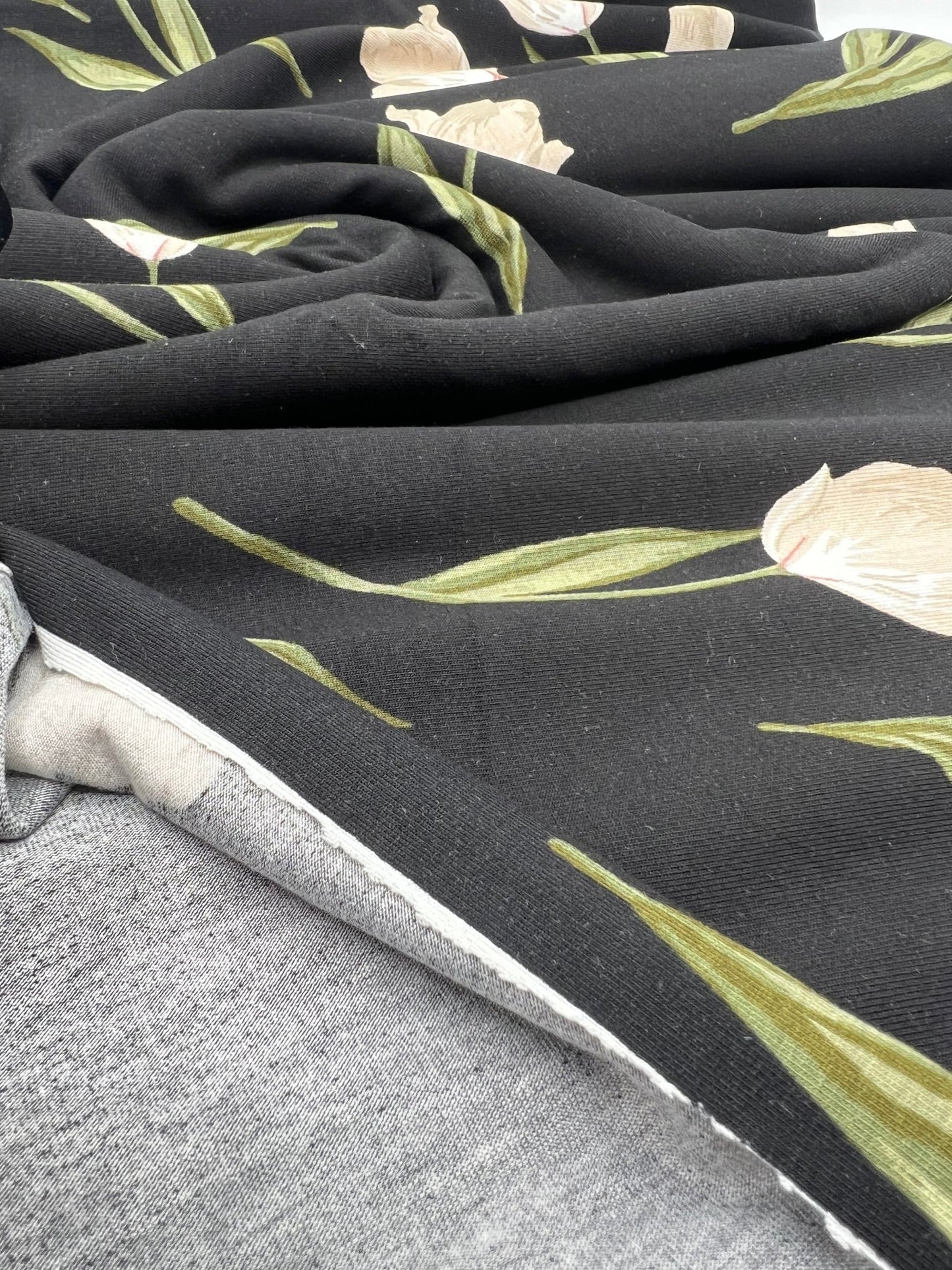 Black Flower Print Heavy Viscose Elastane 4 Way Stretch Fabric - T9 Fabrics