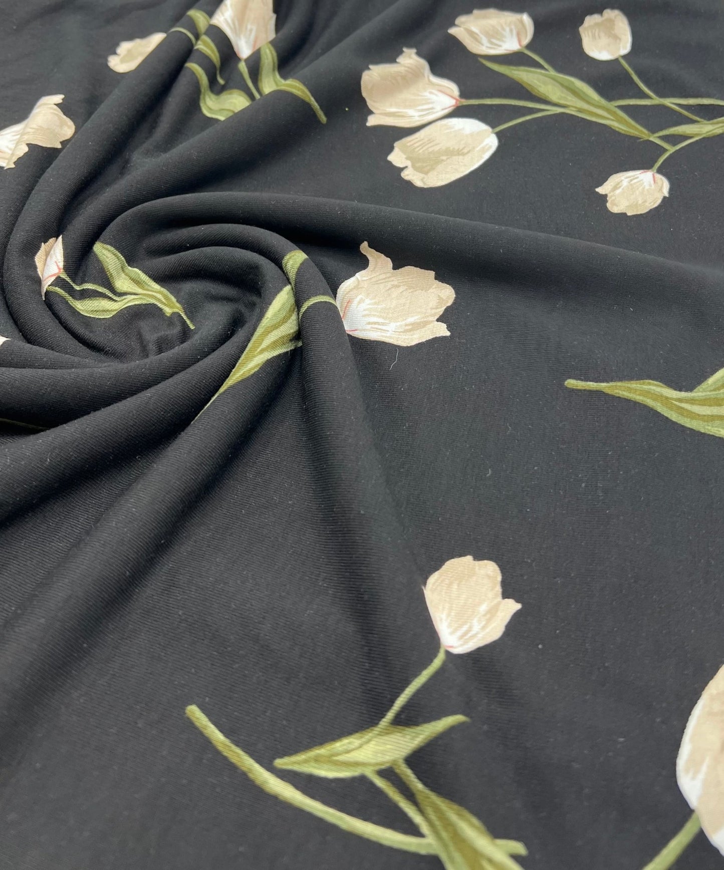 Black Flower Print Heavy Viscose Elastane 4 Way Stretch Fabric - T9 Fabrics