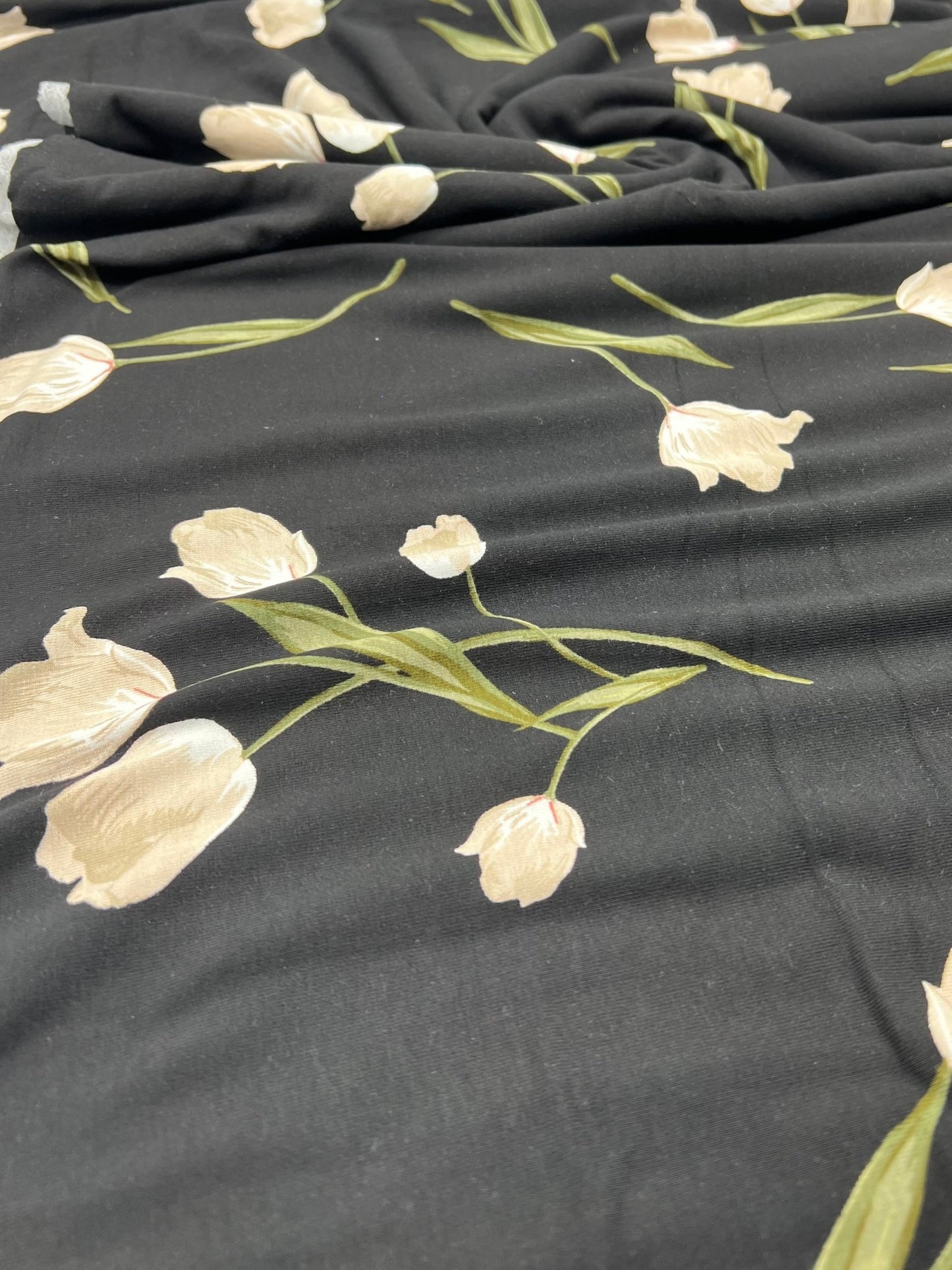 Black Flower Print Heavy Viscose Elastane 4 Way Stretch Fabric - T9 Fabrics