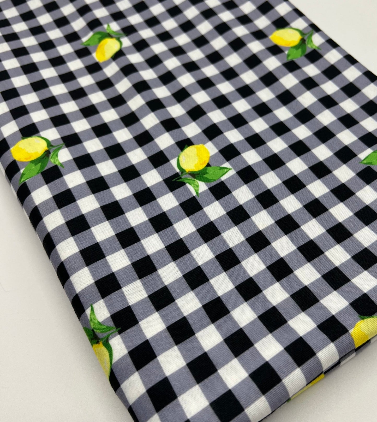 Black Gingham Lemon Print Soft Spun Poly Stretch Fabric - T9 Fabrics