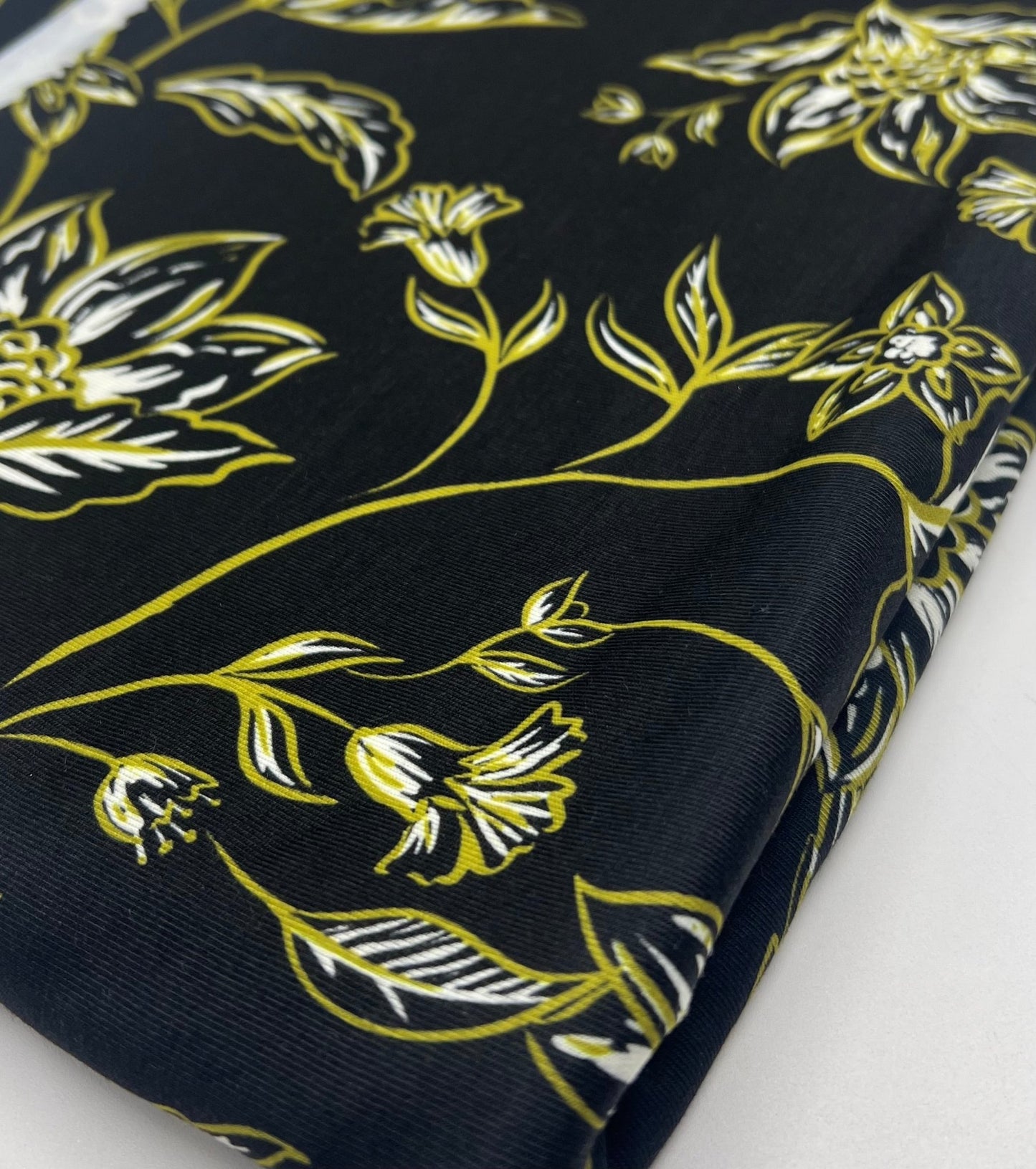 Black Green Gold Floral Print Spun Poly Stretch Fabric - T9 Fabrics