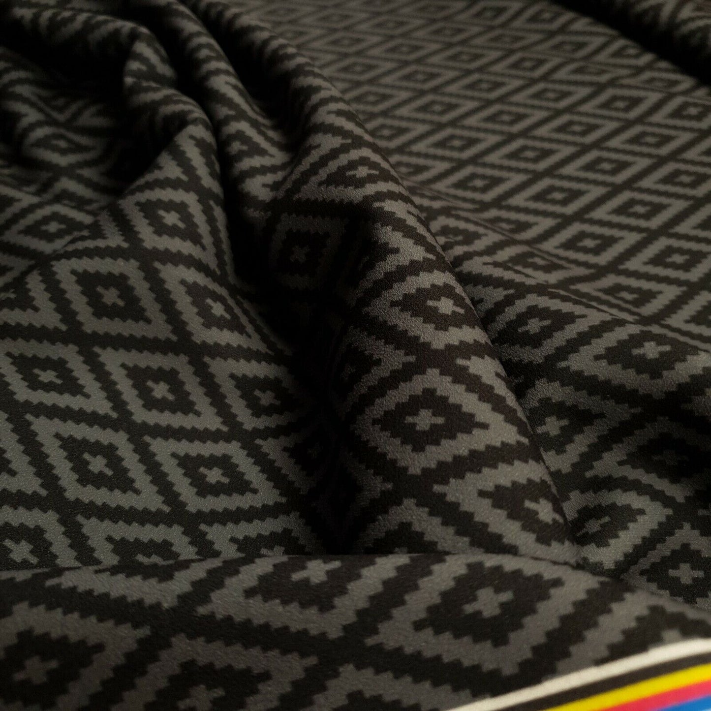 Black Grey Diamond Check Printed Scuba Crepe Jersey Fabric 4 Way Stretch - T9 Fabrics