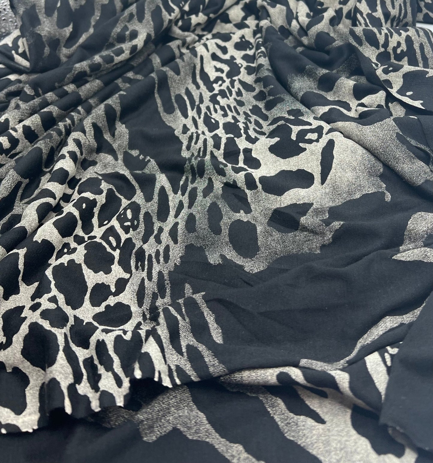 Black Grey Mix Animal Viscose Elastane 4 Way Stretch Fabric - T9 Fabrics