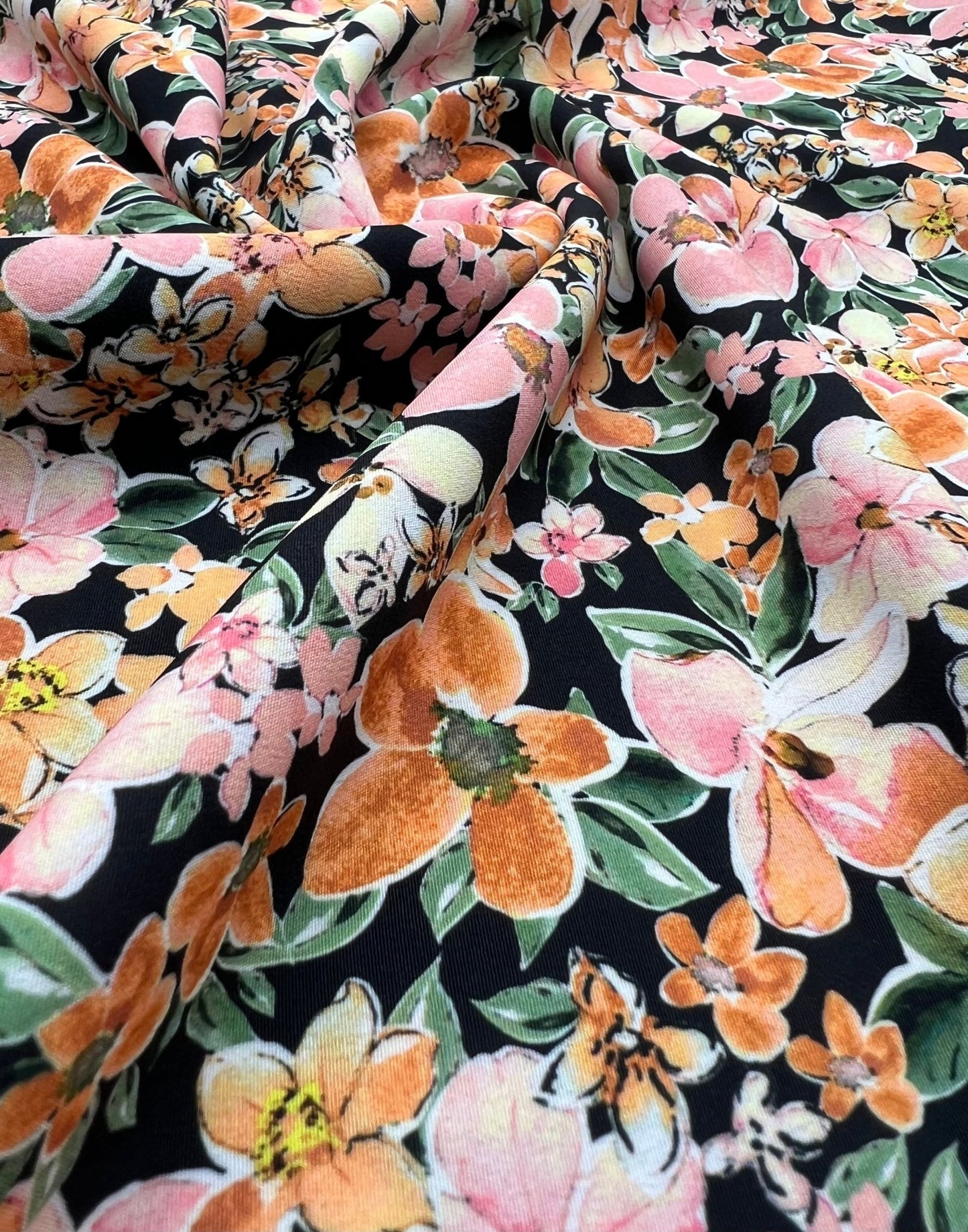 Black Orange Floral Lightweight Non Stretch Woven Dress Craft Fabric - T9 Fabrics