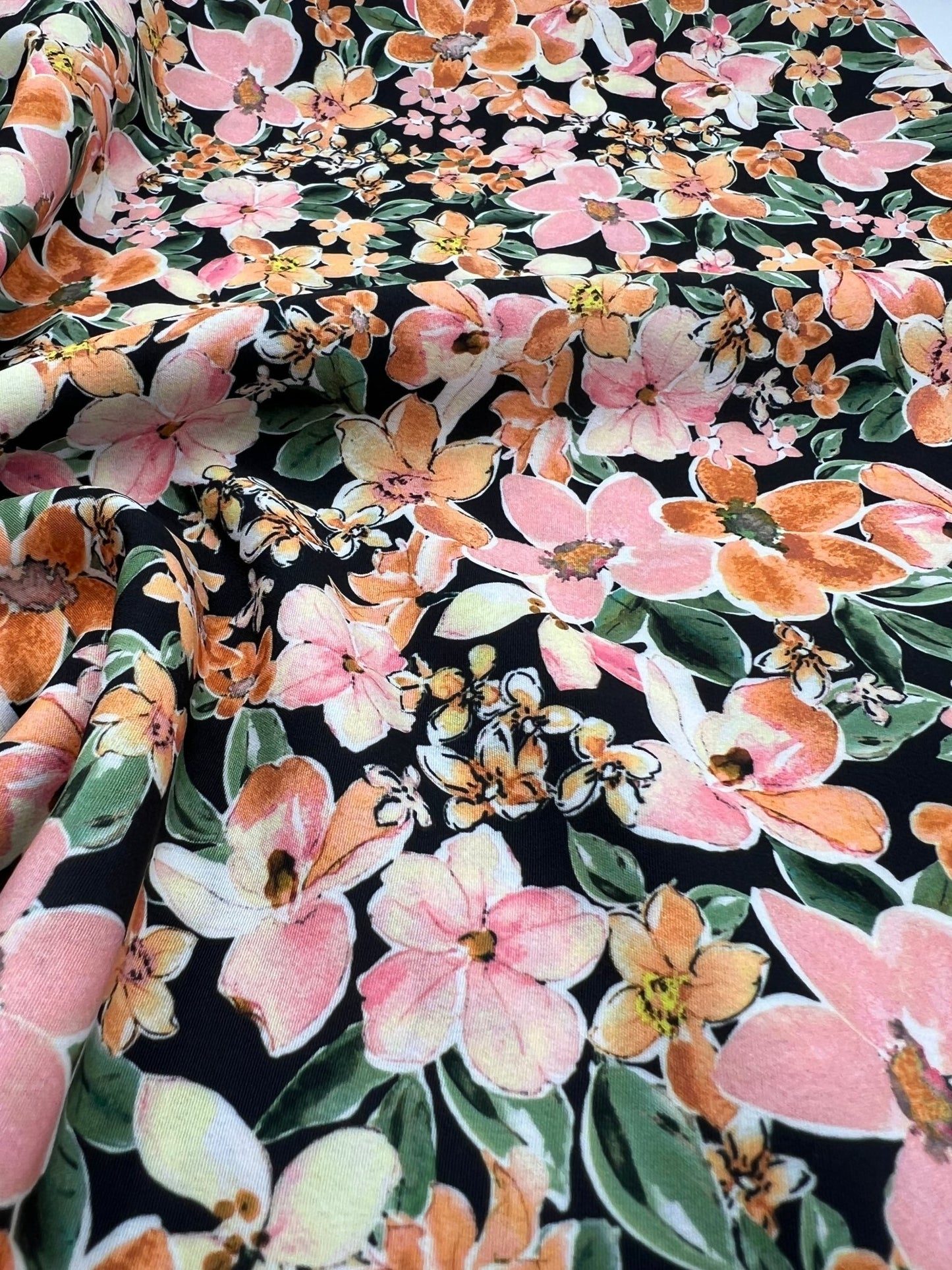 Black Orange Floral Lightweight Non Stretch Woven Dress Craft Fabric - T9 Fabrics
