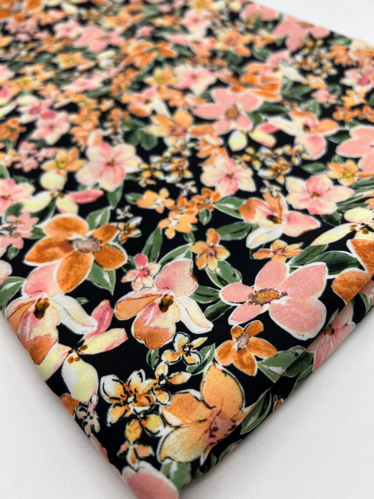Black Orange Floral Lightweight Non Stretch Woven Dress Craft Fabric - T9 Fabrics