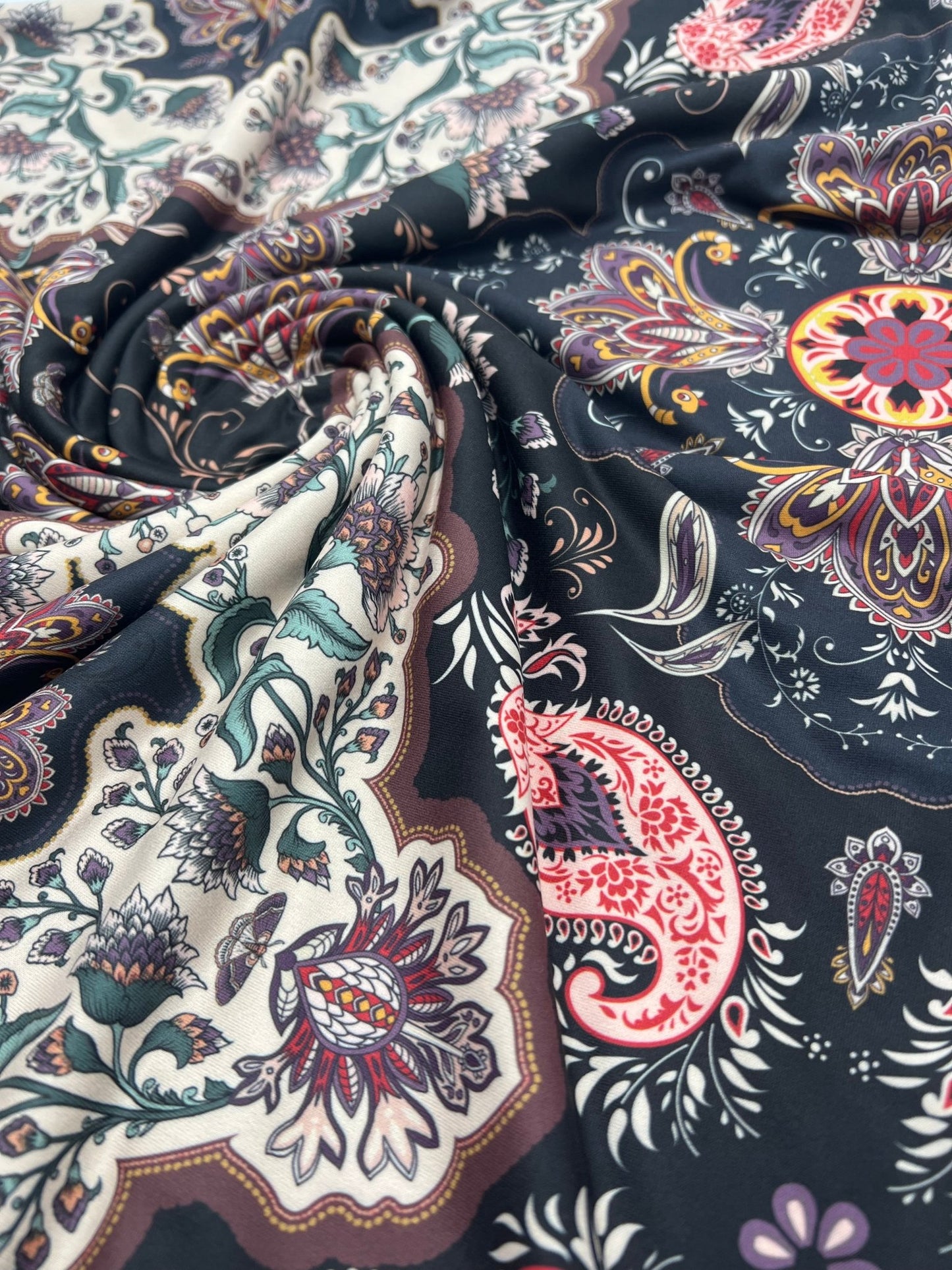 Black Paisley Floral Super Soft Print Spun Poly Stretch Fabric - T9 Fabrics