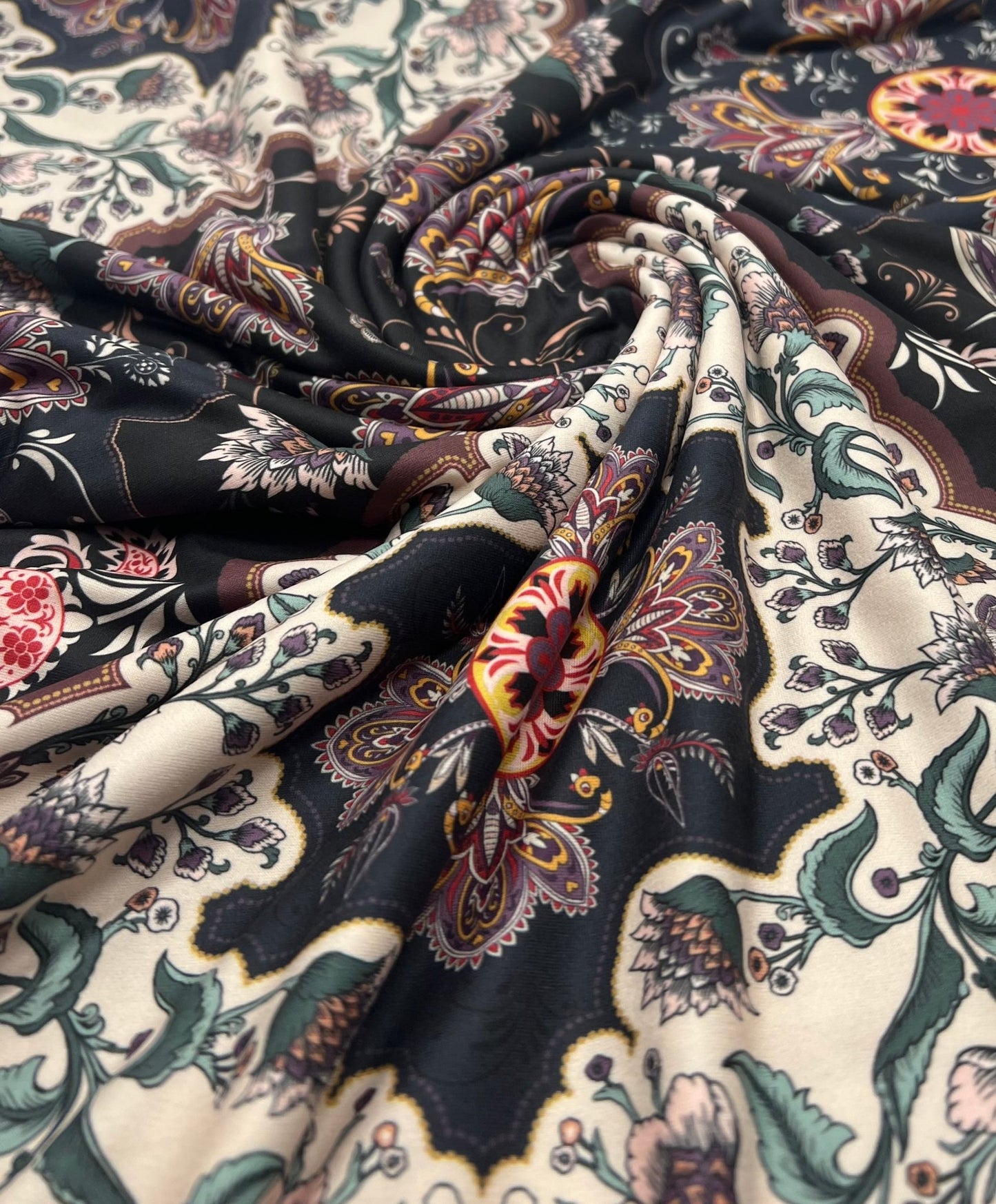 Black Paisley Floral Super Soft Print Spun Poly Stretch Fabric - T9 Fabrics