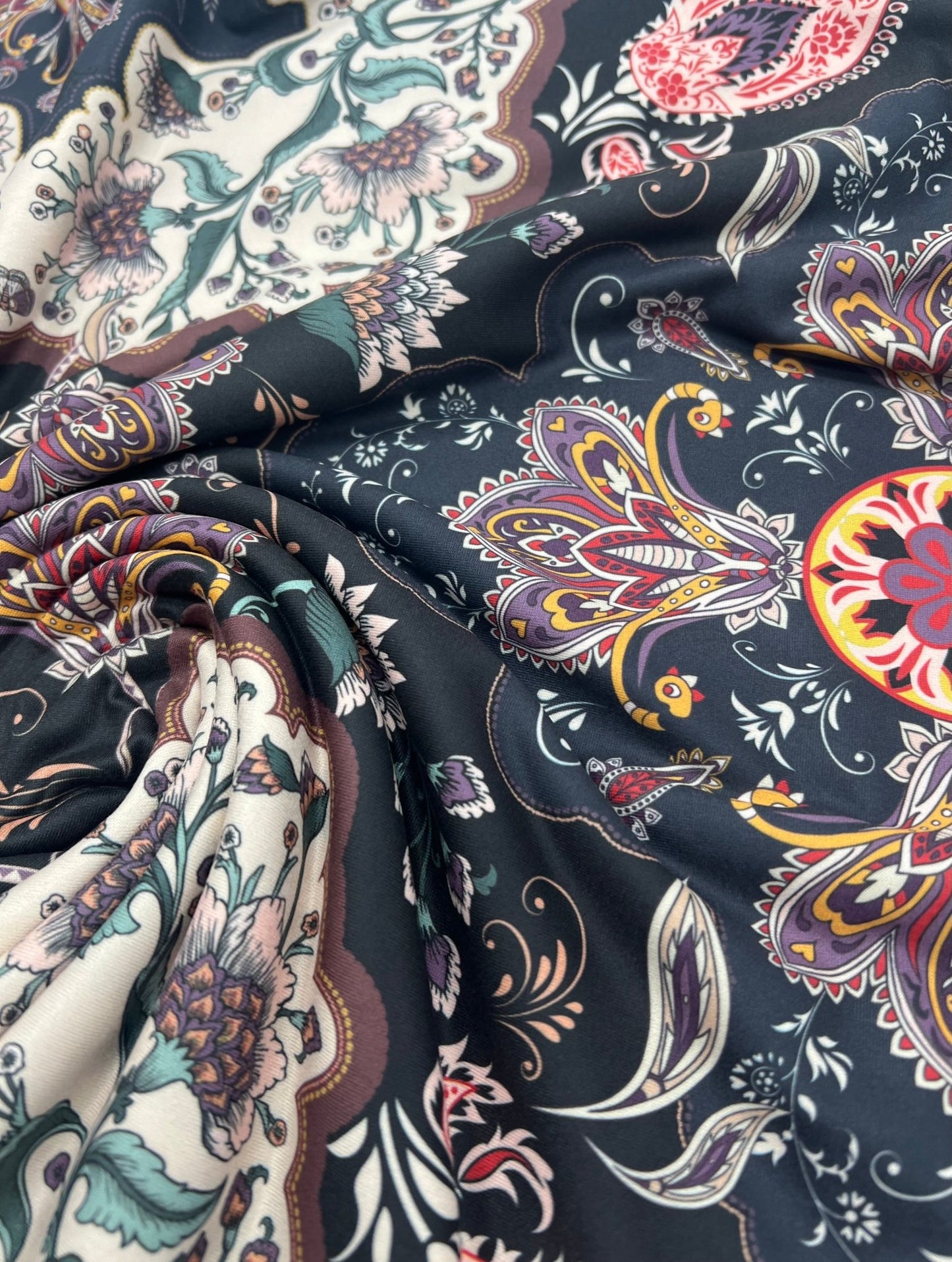 Black Paisley Floral Super Soft Print Spun Poly Stretch Fabric - T9 Fabrics