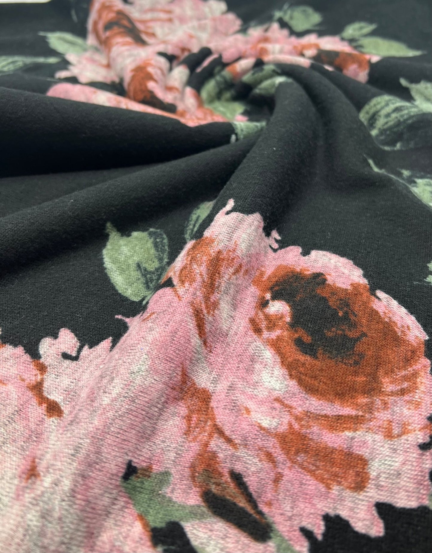 Black Pink Rose Floral Melange Knit Stretch Fabric - T9 Fabrics