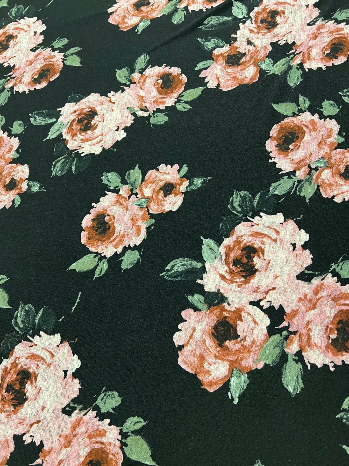 Black Pink Rose Floral Melange Knit Stretch Fabric - T9 Fabrics